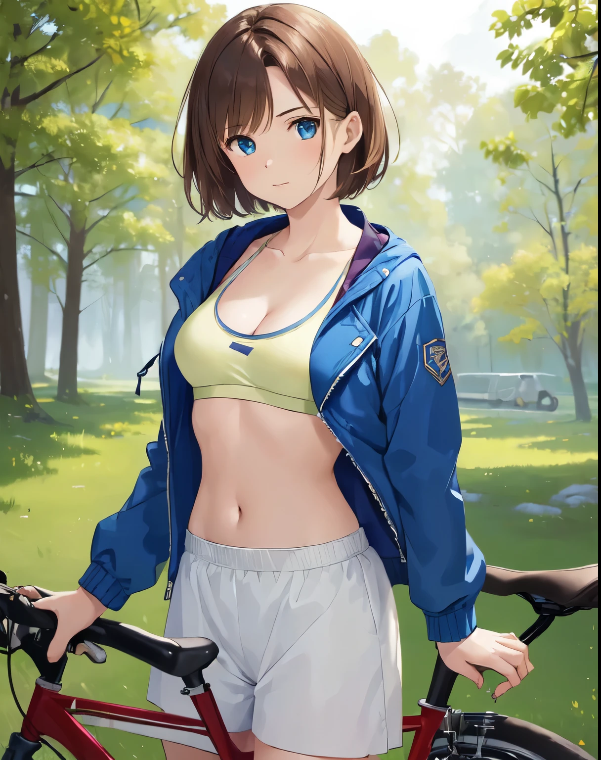 (((masterpiece))), UtenaHiiragi, 1girl, solo, looking at viewer, short hair, brown hair, long sleeves, cleavage, medium breasts, closed mouth, collarbone, jacket, open clothes, open jacket, blue jacket, ground vehicle, sports bra, bicycle,