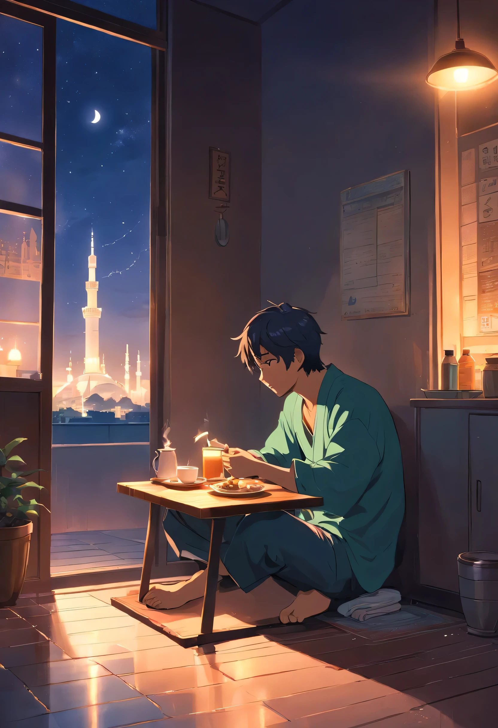 A muslim man eating alone, sitting on the floor, warm tea, night, moonlight lighting,