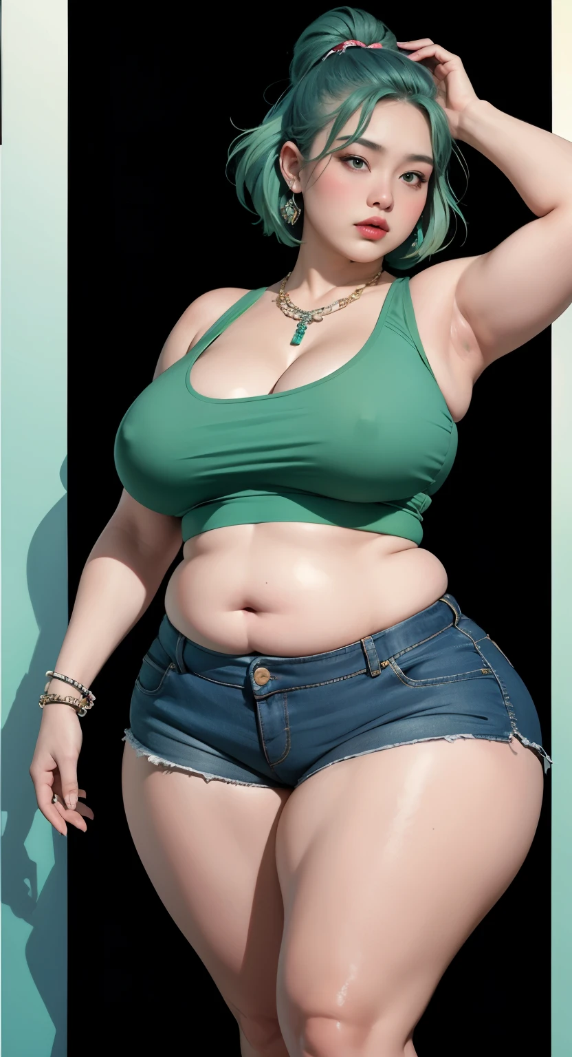 photorealistic, high resolution, soft light,1women, solo, wide hips, (detailed face),tattoo, jewelry, , , blue and green hair Color , (closeup), wide angle,, (busty), armpit , Slightly fat belly, large breasts, full body angle, 80 years old woman , thick thighs , thick arms , standing in dark rooms, short pants, wearing a three bracelet, wearing two diamond necklace , wearing a watch, wearing airmax shoes , japanese goddess, wavyshort hairstyle, fat belly, thick fat belly, thick wide hips, thick arm, bbwchan, massive arm, full body,