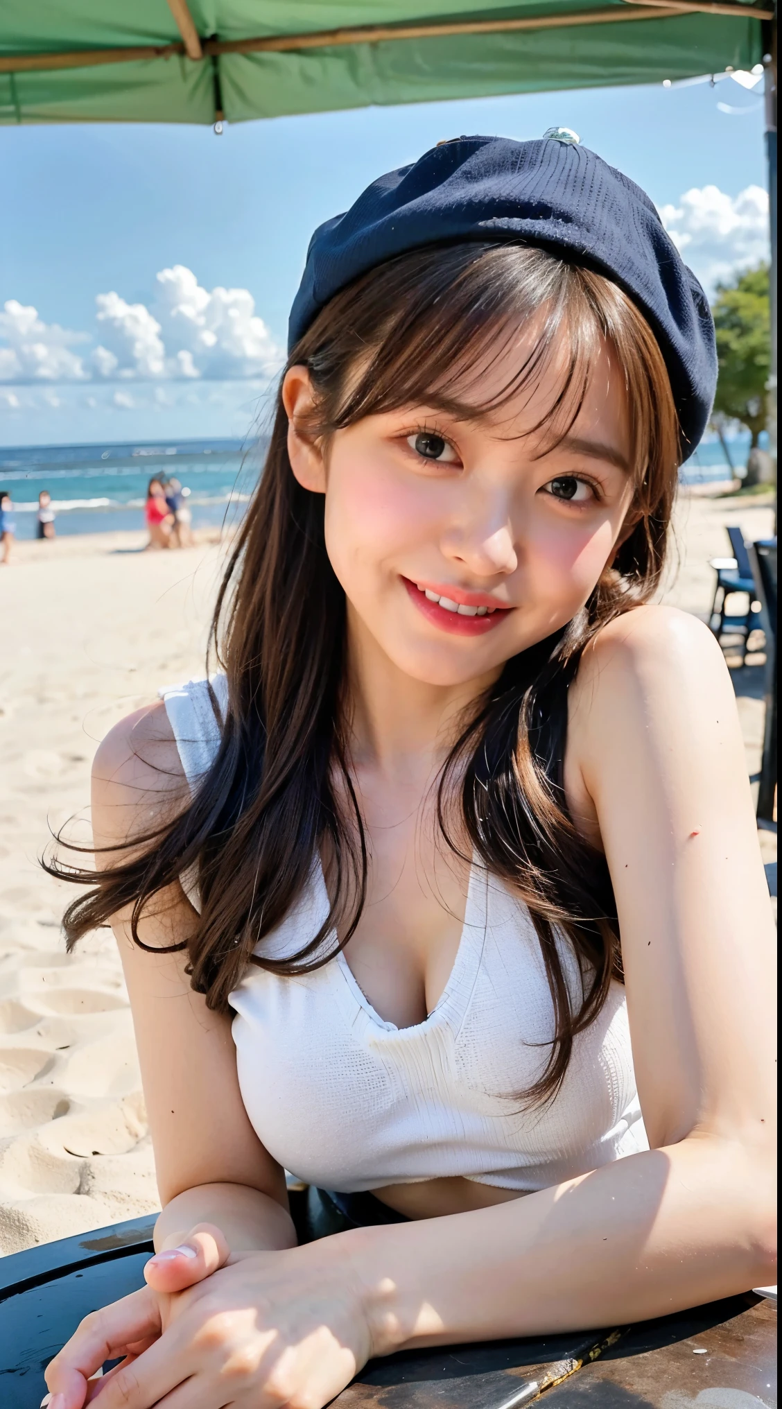 (8K、Raw photo、highest quality、masterpiece:1.3)、(realistic、Photoreal)、(very big breasts:1.2)、perfect limbs、outdoor、(seaside:1.4)、cheerfully、elation、raise both hands、jump up and down、Snazzy、baseball cap、shorts、camisole、spread your arms wide、Please show me your side　