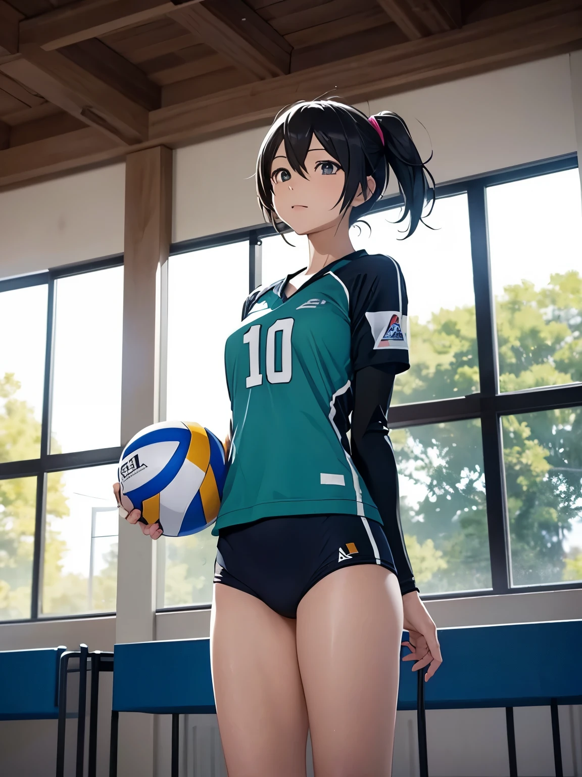 absurdres, masterpiece, best quality, high quality, beautiful, , shy, sobbing, flushed, glaring, scowl, legs spread, on all fours, looking back, bob, black hair, brown eyes, with tears in eyes, tanned skin, tall, beautiful breasts, beautiful ass, leggy, curvy, glamorous, undone clothing,Volleyball team uniforms , knee socks, young adult, japanese, Scene of Defeat, Moment of Despair, junior high school, in the classroom, cel anime, full body shot,nsfw