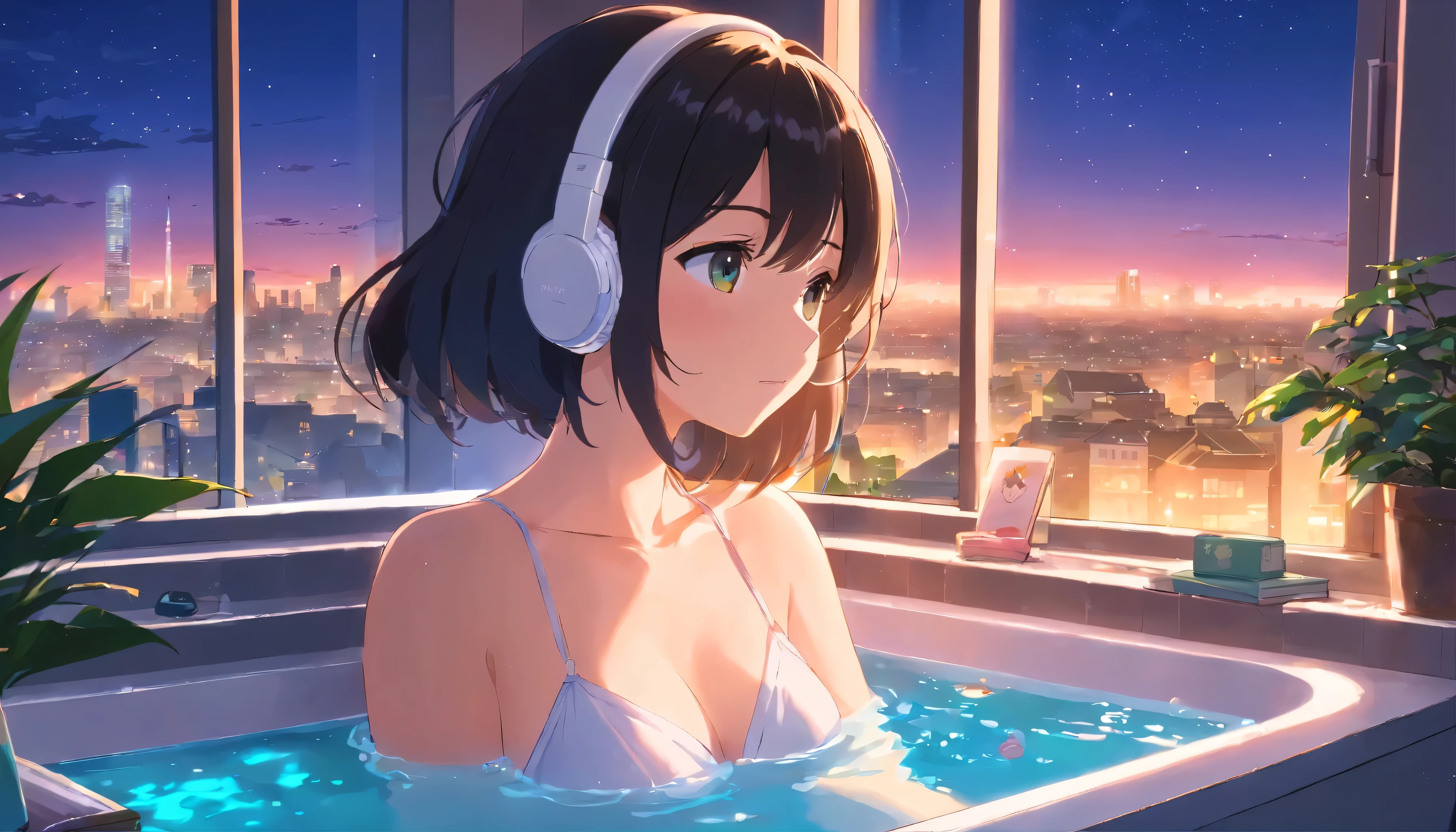 anime girl wearing white headphones, listening to the music, looking at the city view, black hair, 29 years old, Soak in the bath, in the bathroom, Exposed cleavage, big breasts H-cup, accentuate the cleavage, accentuate big, revealing skin, lofi girl anime vibes, lofi artstyle, anime style 4k, anime aesthetic, nightcore, lofi feel, lofi art, anime art wallpaper 4k, anime wallpaper 4k, lofi vibes, plants in the room, city view, sunrise, white headphone, she is reading a book in the bath, Heavenly music that fills the air, one thick candle is lighting, Night city lights illuminate the bathroom, full moon, blush, short ponytail, anime style, Sony FE GM, from above, from below, panorama, masterpiece, best quality, 4K, highres