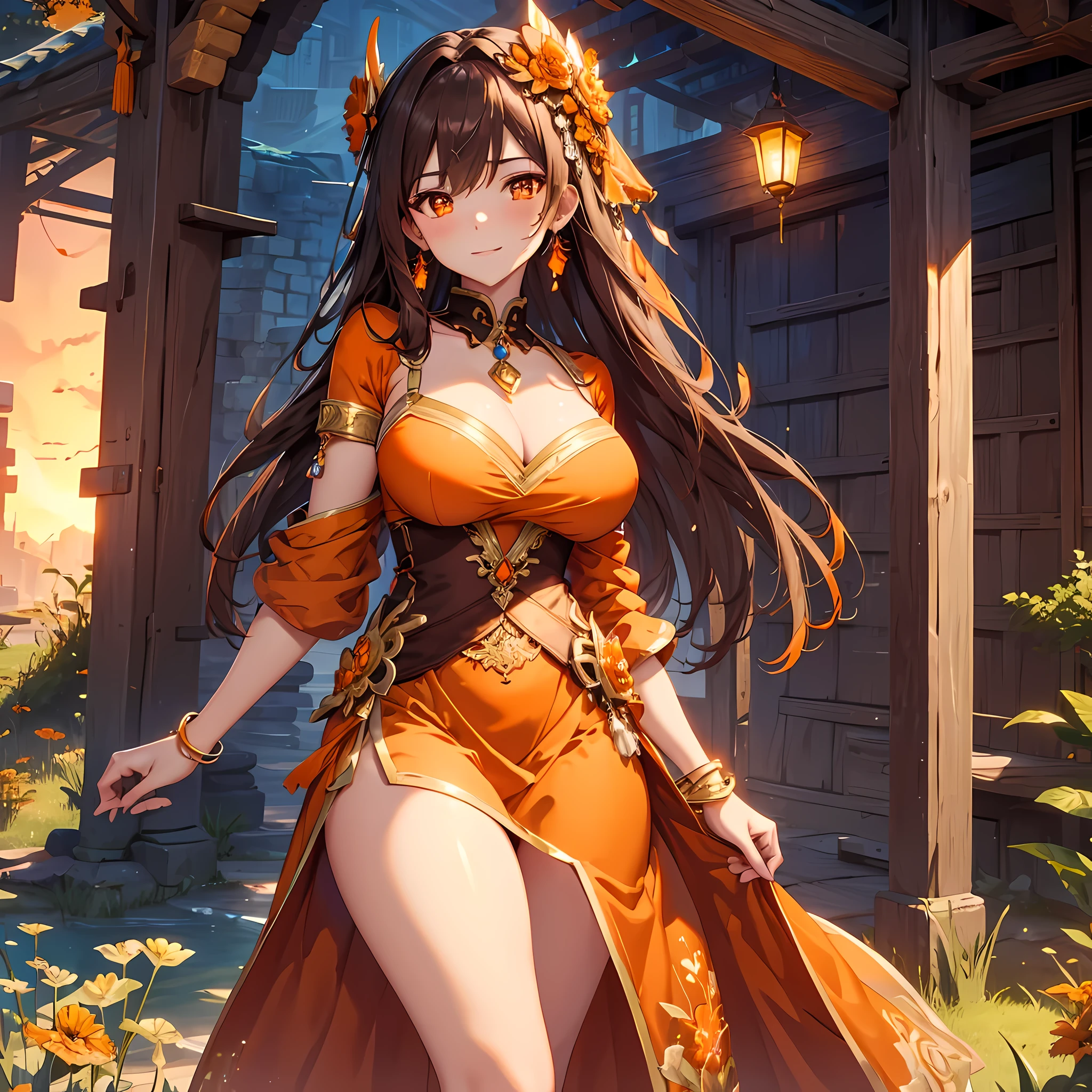 (masterpiece), best quality, expressive eyes, perfect face,mature woman,((1girl)),zhongli \(genshin impact\),((dark brown hair)),(glowing orange pupils),(huge breasts:1.2),cleavage,(magical girl:1.2),(brown:1.4 and orange:1.2 elegant dress:1.5),(embroidery:1.5),garterbelt,(brown and gold thighhighs),floating crystals,crystal pendant,circlet,tassel earrings,armlets,bracelets,bashful smile,standing,sexy pose,fantasy scenary,liyue,(sunset:1.1),(clear sky 1:1),gems,(sparkle:0.9),(glitter:0.9),dymanic angle,head tilt