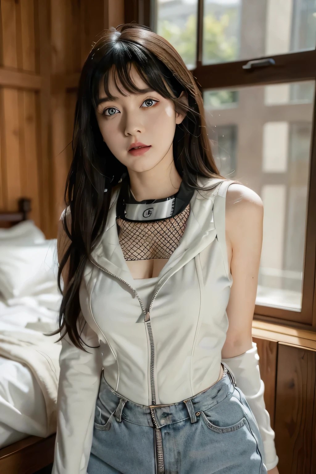 Masterpiece, highres, high Quality, detailed face, detailed body render, 1girl, solo, hyuuga hinata, hinata-sleeveless-outfit, large breasts, big breast, sleeveless shirt, fishnet top, dark lips, unzipped jacket, no bra, breasts out, nipple, standing, blushes, (on bedroom), H1N4T4,