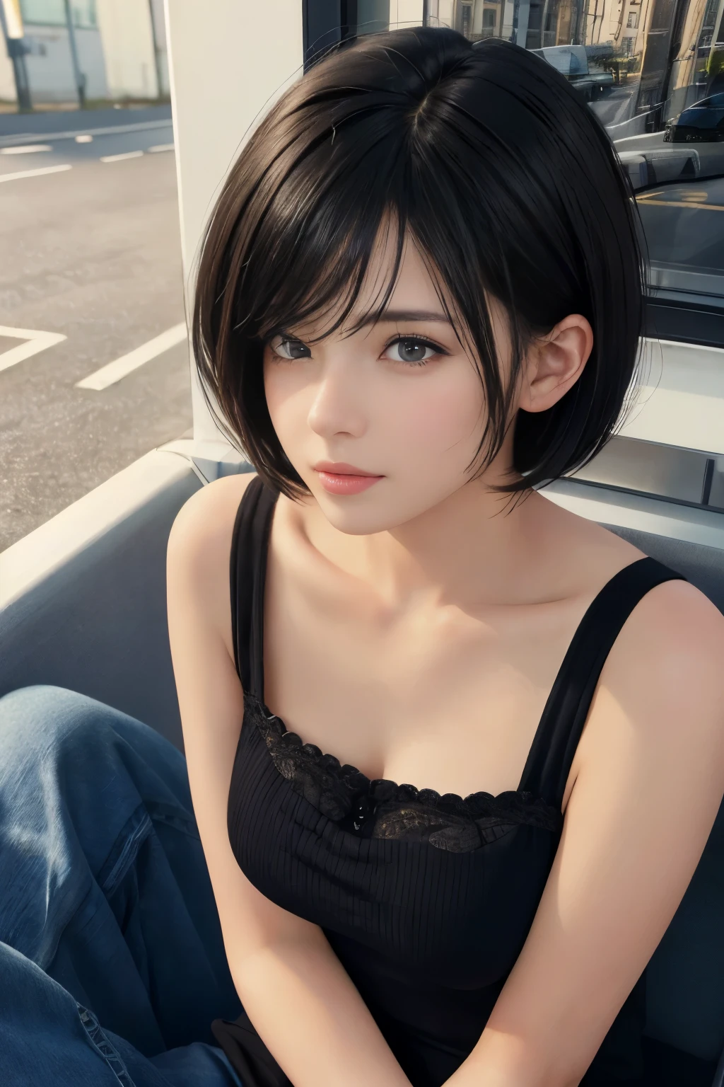 (masterpiece:1.3), (8K, realistic, Raw photo, highest quality: 1.4), (1 girl), beautiful face, (realistic face), (black hair, short hair:1.3), beautiful hairstyle, realistic eyes, detailed and beautiful eyes, (realistic skin), beautiful skin, (sit with your knees apart), disorganized, Super charming, ultra high resolution, surreal, very detailed, golden ratio,whole body,((new sniper)
