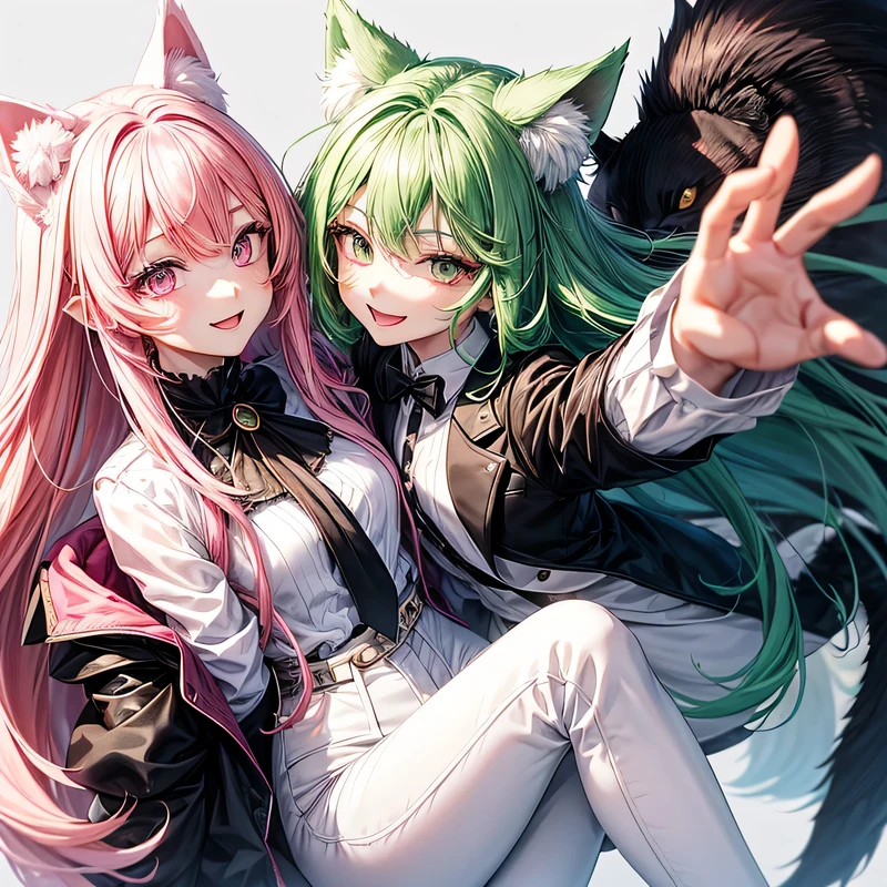 beautiful young man、wolf hair、She has bright green hair with some pink hair.、pink eyes、black cat ears、Boy character、positive、pure white background、Clothes: white blouse, black jacket and black pants、No pose 、positive、1 person、smile