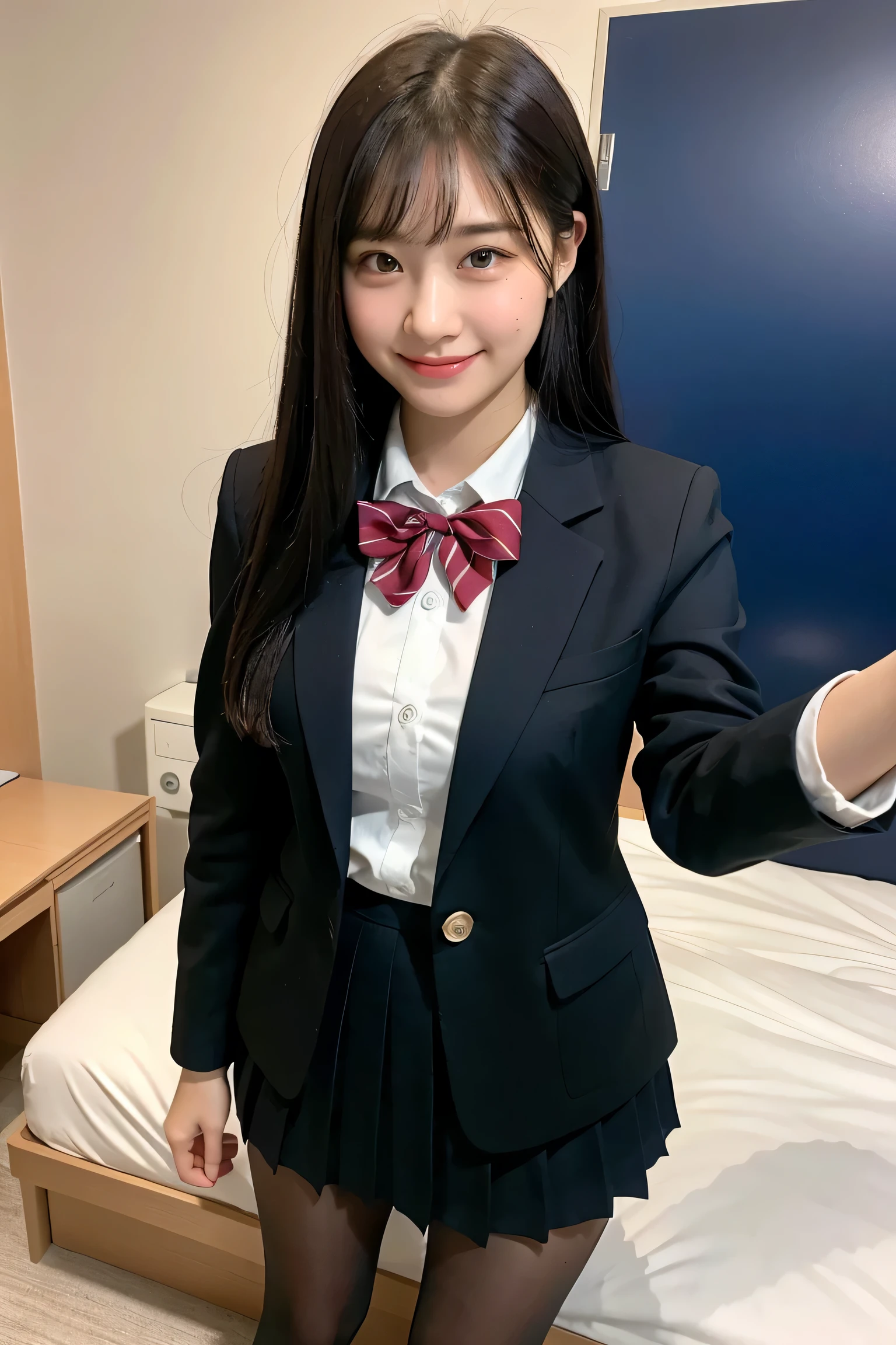 (8k), (highest quality: 1.2), (realistic), (realistic: 1.37), ultra high resolution, 1 girl, cute, smile, closed mouth, beautiful details, beautiful nose, wet hair, giant dulcefo, pork, thighs，selfie,College student uniform,simple blazer,pleated skirt,Standing,Jet black extra thick knee high tights,crawling position,bed