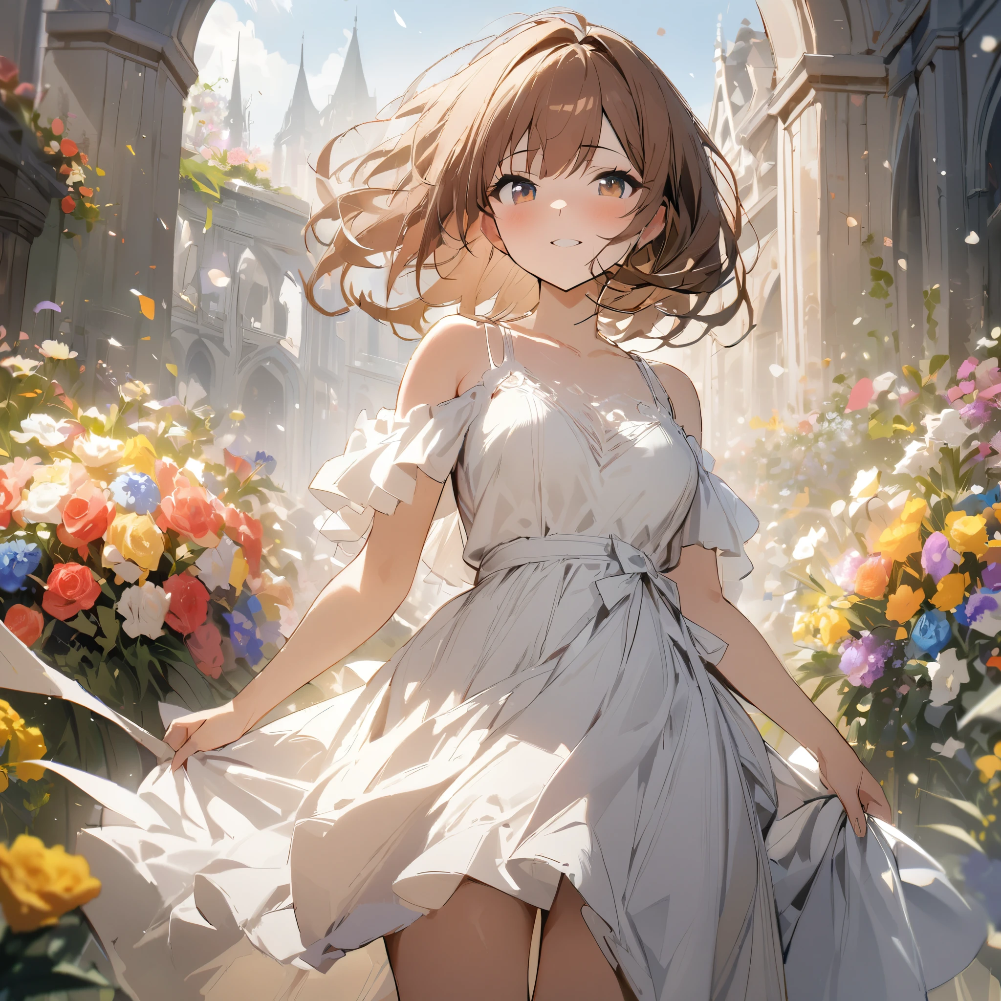 1girl，brown hair，corolla、have a bouquet、、white dress、woman wearing a dress、flower garden、masterpiece、highest quality、detailed、8K、