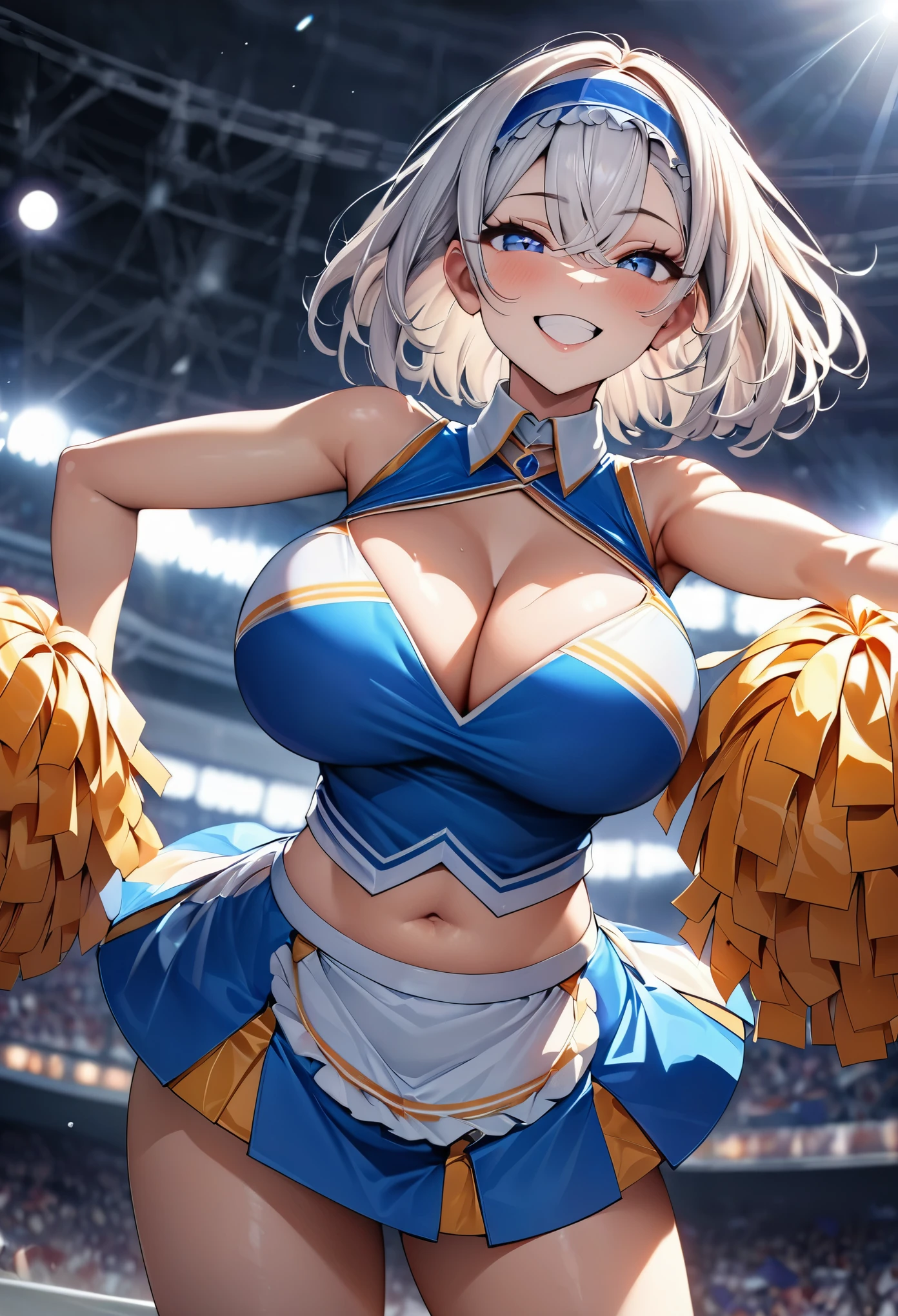 (masterpiece:1.3), (8K、best quality:1.4), (Highest image quality, intricate details, high resolution, depth field, Natural light, professional lighting), (1 girl), (solo), (asian girl, very beautiful 18 year old cartoon girl), (very beautiful woman、Beautiful woman full of charm, 美しい銀髪のbob cut, intense blue eyes, strong eye highlights, very big breasts, perfect anatomy, dynamic lighting, lip gloss), Beautiful face with perfect symmetry, beautiful detailed woman, very beautiful detailed face, very beautiful detailed eyes, Smile at the audience, laughing very happily, beautiful teeth, beautiful teeth alignment, Super detailed, very detailed, beautiful teeth, beautiful teeth alignment, Super detailed, very detailed, ((Detailed cheerleader:1.2)), light shines on your face, ((dynamic pose)), bob cut, crossed bangs, asymmetrical bangs, long neck, please show me your ears, Bansig's eyes, eyelash, cute, very big breasts、very beautiful and big, very beautiful breast shape, beautiful cleavage, tall supermodel, Supermodel with long legs, Supermodel dressed as a cheerleader, take a pose, Dressed as a cheerleader, close-up of woman, towards the camera, laughter, (cheerleader costume), ((white frilled maid headband, Sleeveless shirt with open chest, flare skirt, mini skirt)), Young and cute gravure idol, Young slender gravure idol, young gravure idol, young gravure idol, Stadium background in the daytime