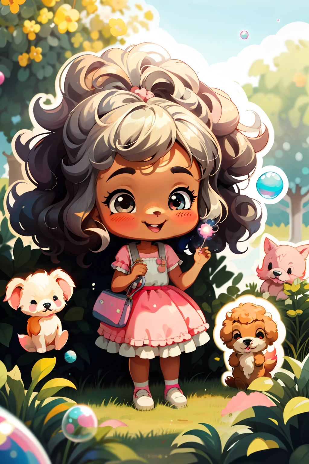 Adorable chibi dark-skinned girl in a white and pink frilly dress plays joyfully at the bubble park with her faithful grey puppy. The sun casts a warm glow on her smile, her curly locks bouncing in the gentle breeze. She extends her small hand towards the bubbles, delighting in the sensation of them popping against her palm as her puppy looks on with playful curiosity, his tail wagging in excitement.