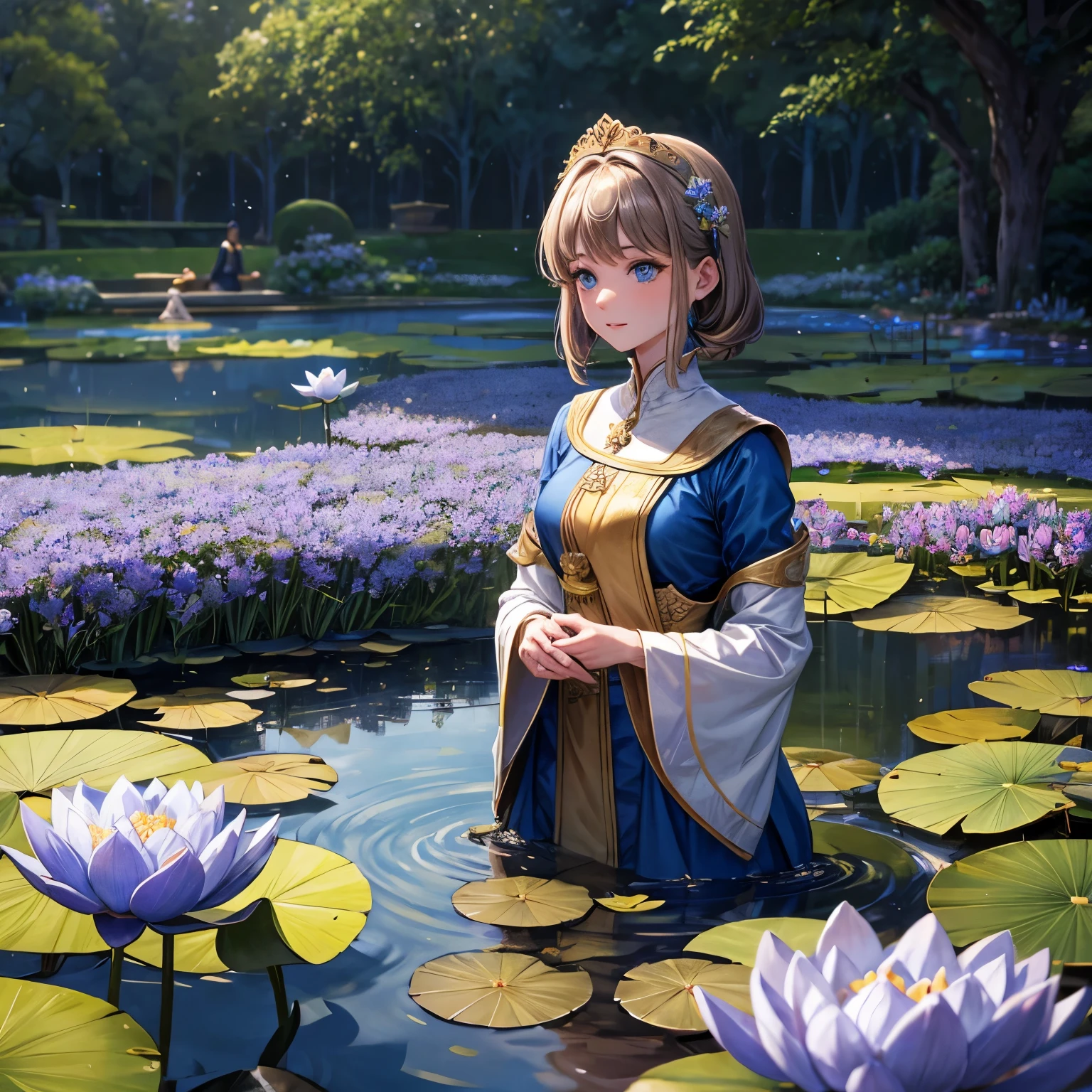 A magical pond with georgeus blue lotus flowers and a light brown haired woman looking at them