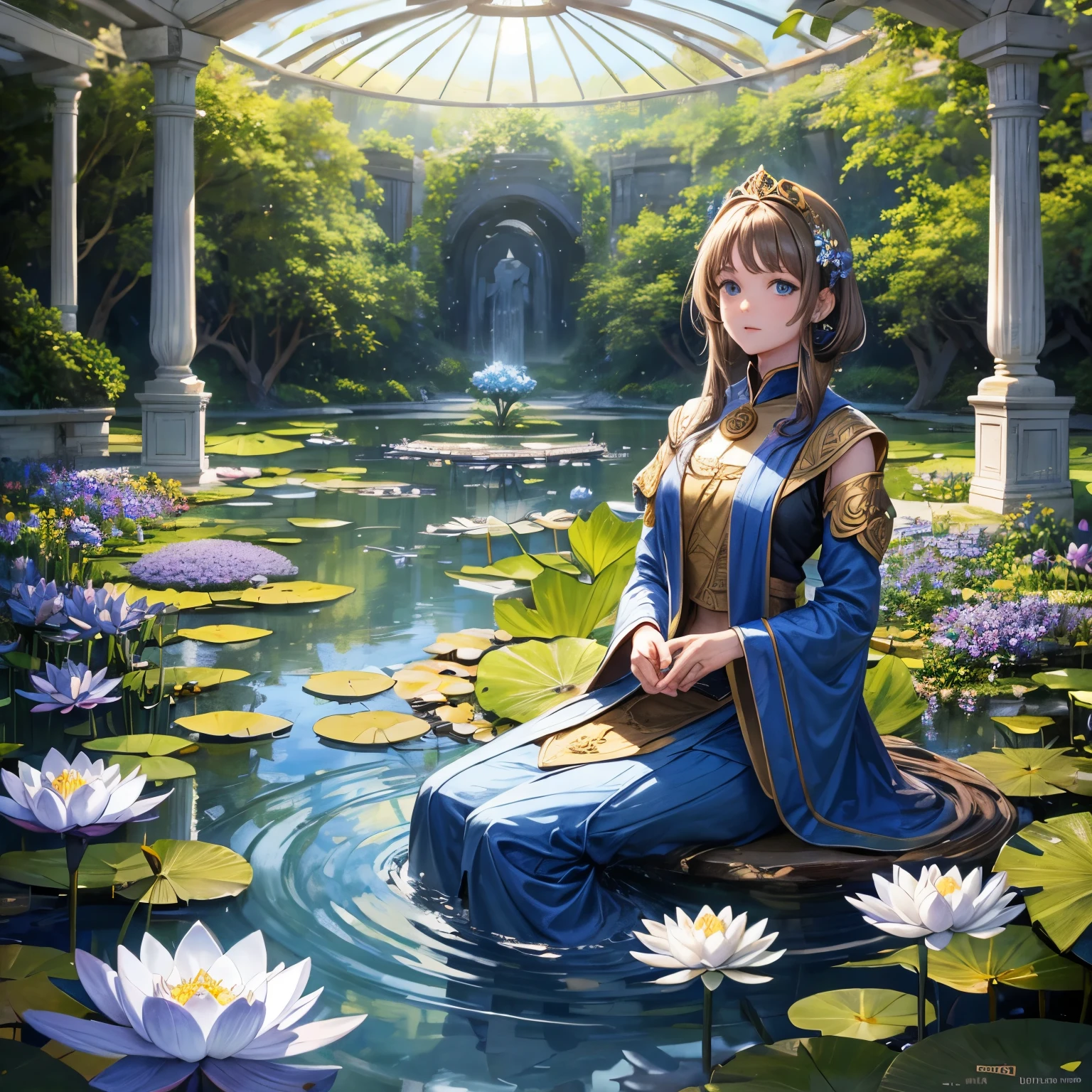 A magical pond with georgeus blue lotus flowers and a light brown haired woman looking at them