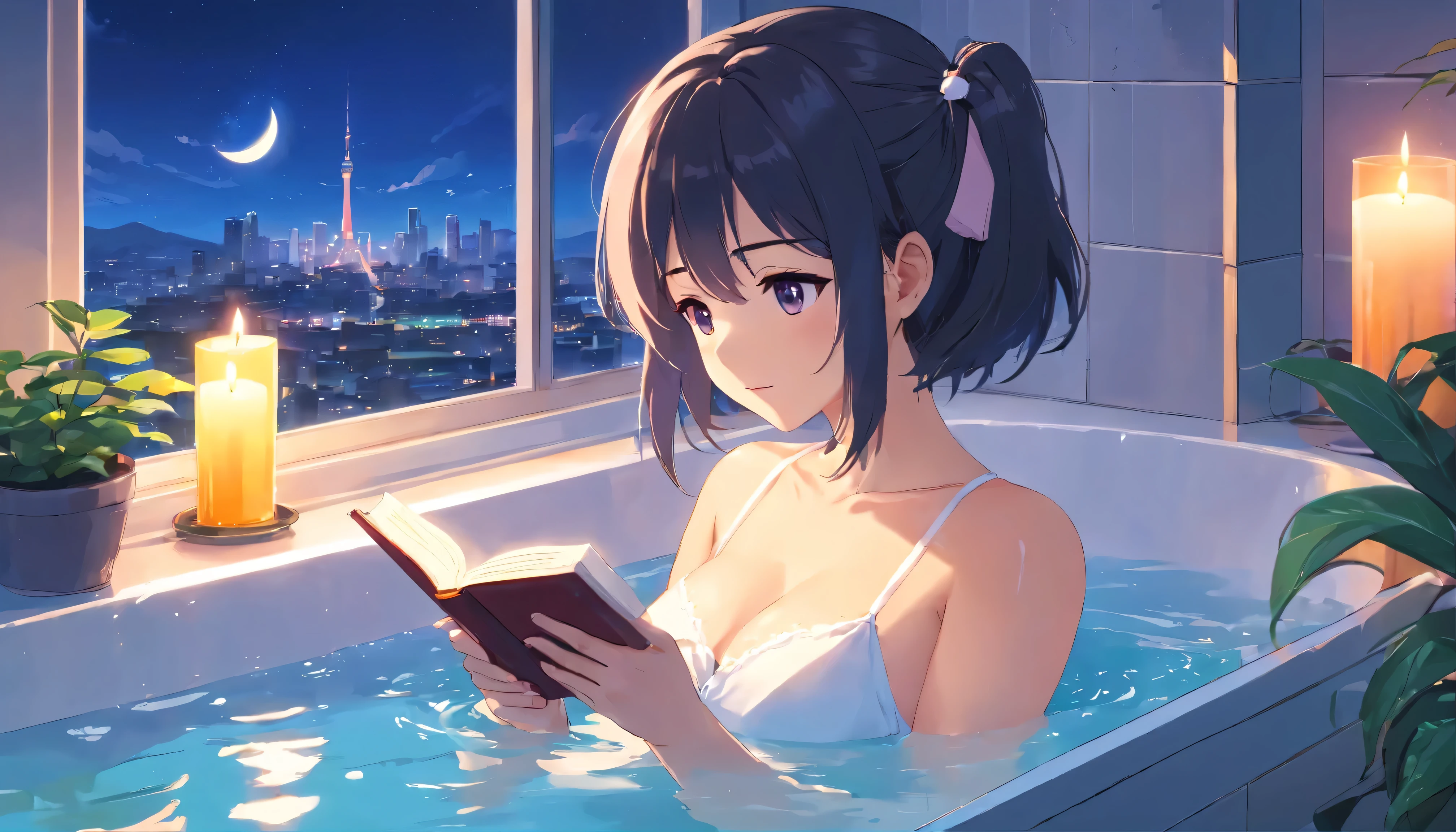 anime girl wearing white headphones, reading a book, black hair, 29 years old, Soak in the bath, in the bathroom, Exposed cleavage, big breasts H-cup, accentuate the cleavage, accentuate big, revealing skin, lofi girl anime vibes, lofi artstyle, anime style 4k, anime aesthetic, nightcore, lofi feel, lofi art, anime art wallpaper 4k, anime wallpaper 4k, lofi vibes, plants in the room, city view, sunrise, white headphone, she is reading a book in the bath, Heavenly music that fills the air, one thick candle is lighting, Night city lights illuminate the bathroom, full moon, anime style, cinematic lighting, Sony FE GM, first-person view, masterpiece, best quality, 4K, textured skin, highres