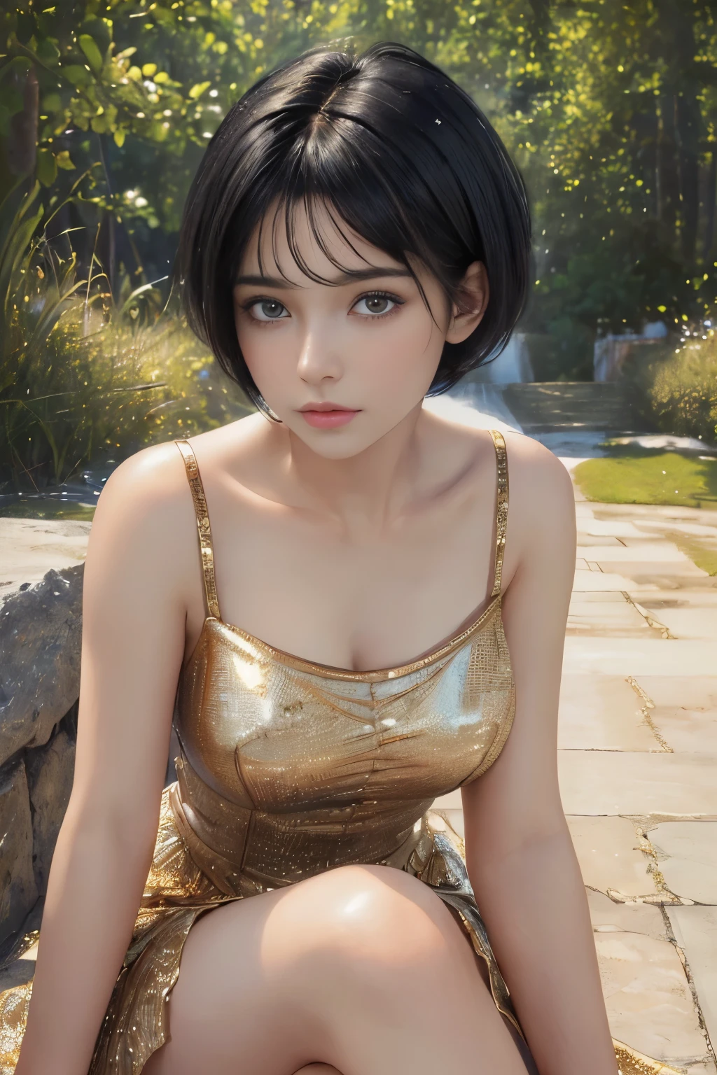 (masterpiece:1.3), (8K, realistic, Raw photo, highest quality: 1.4), (1 girl), beautiful face, (realistic face), (black hair, short hair:1.3), beautiful hairstyle, realistic eyes, detailed and beautiful eyes, (realistic skin), beautiful skin, (sit with one&#39;s knees), disorganized, Charm, ultra high resolution, surreal, very detailed, golden ratio,whole body,((noble queen))