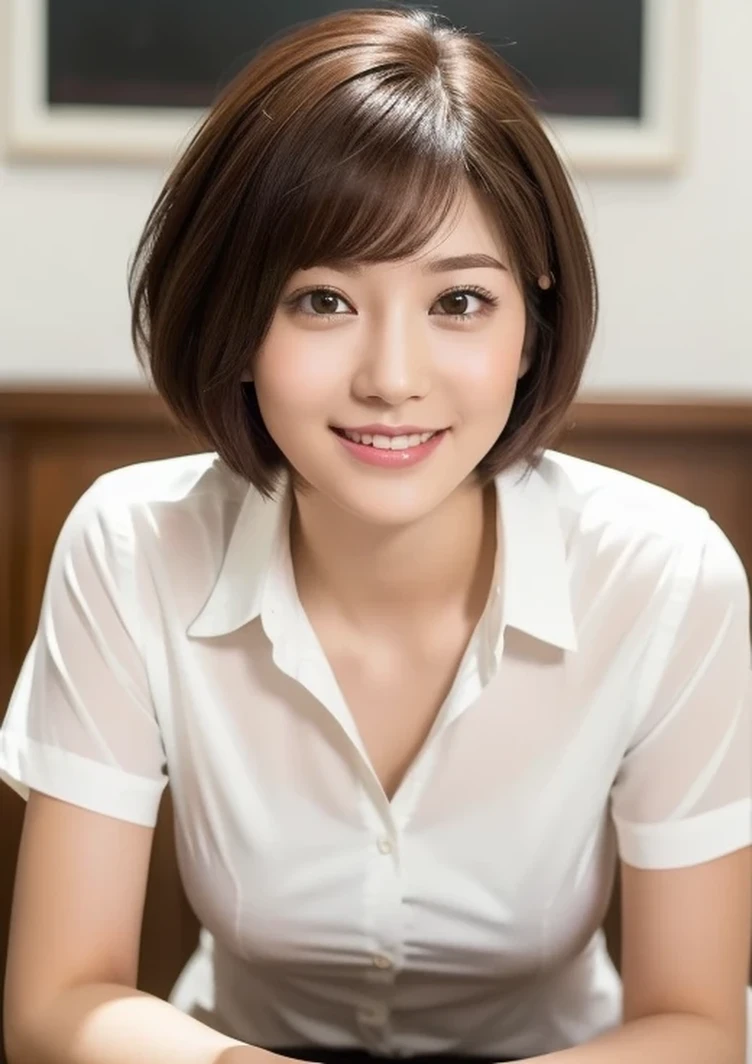 (最high quality, 8K, masterpiece: 1.3)), sharp focus, one girl, slim beauty: 1.2, brown hair, (short hair), (big: 1.5), (layer cut), fine eyes, double eyelid, cute smile, close your mouth, surreal, super detailed, high quality, Highly detailed face and skin texture, indoor, (Cute and Beautiful short hair College Girl Who Does Tutor Part-Time), ( Clean, mature, casual and polite instruction), (Blouse and chinos with simple and casual design), An innocent expression that retains a childish look