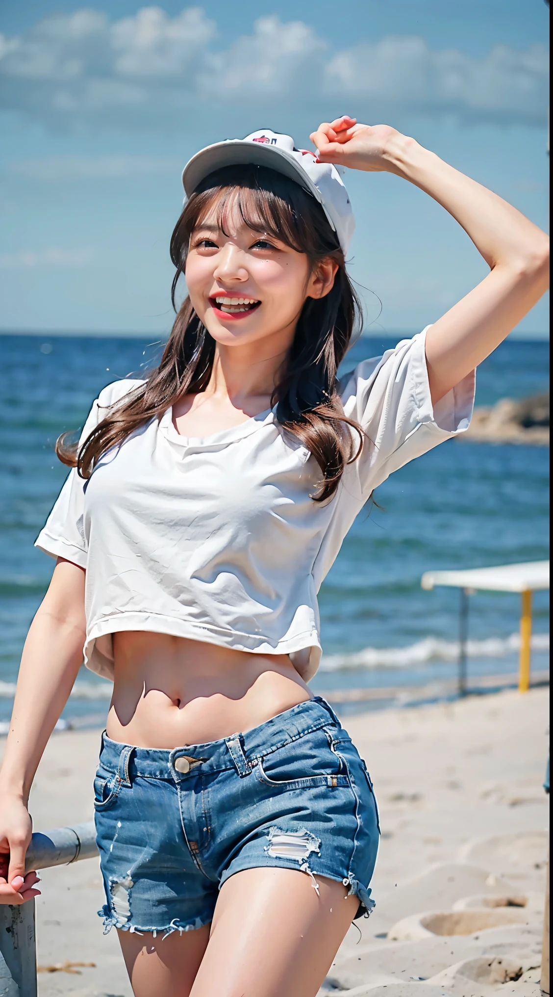 (8K、Raw photo、highest quality、masterpiece:1.3)、(realistic、Photoreal)、(very big breasts:1.2)、perfect limbs、outdoor、(seaside:1.4)、cheerfully、elation、raise both hands、jump up and down、Snazzy、baseball cap、shorts、camisole、spread your arms wide、Please show me your side