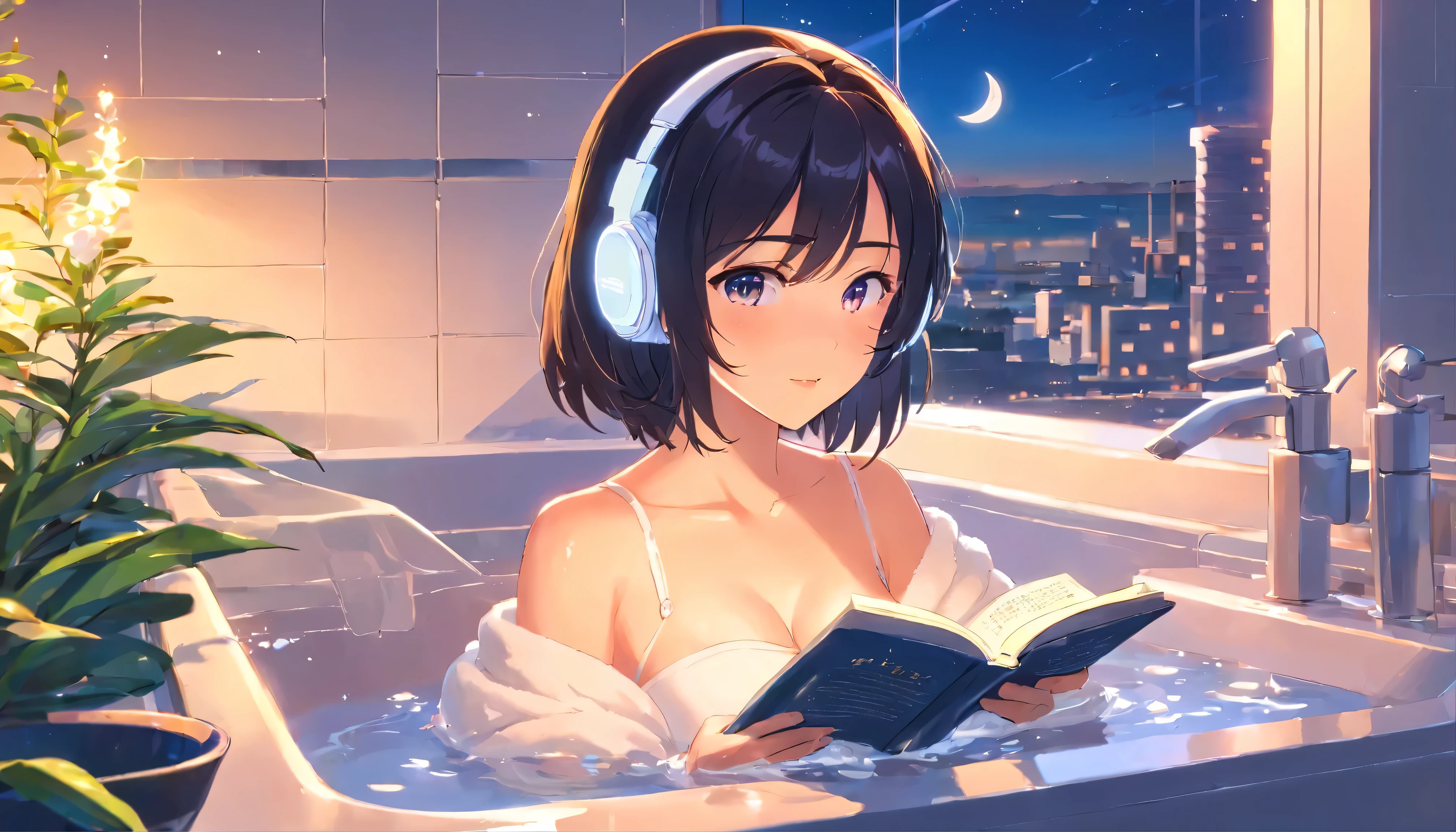 anime girl wearing white headphones, reading a book, black hair, 29 years old, Soak in the bath, in the bathroom, Exposed cleavage, big breasts H-cup, accentuate the cleavage, accentuate big, revealing skin, lofi girl anime vibes, lofi artstyle, anime style 4k, anime aesthetic, nightcore, lofi feel, lofi art, anime art wallpaper 4k, anime wallpaper 4k, lofi vibes, plants in the room, city view, sunrise, white headphone, she is reading a book in the bath, Heavenly music that fills the air, one thick candle is lighting, Night city lights illuminate the bathroom, full moon, anime style, cinematic lighting, Sony FE GM, wide shot, first-person view, masterpiece, best quality, 4K