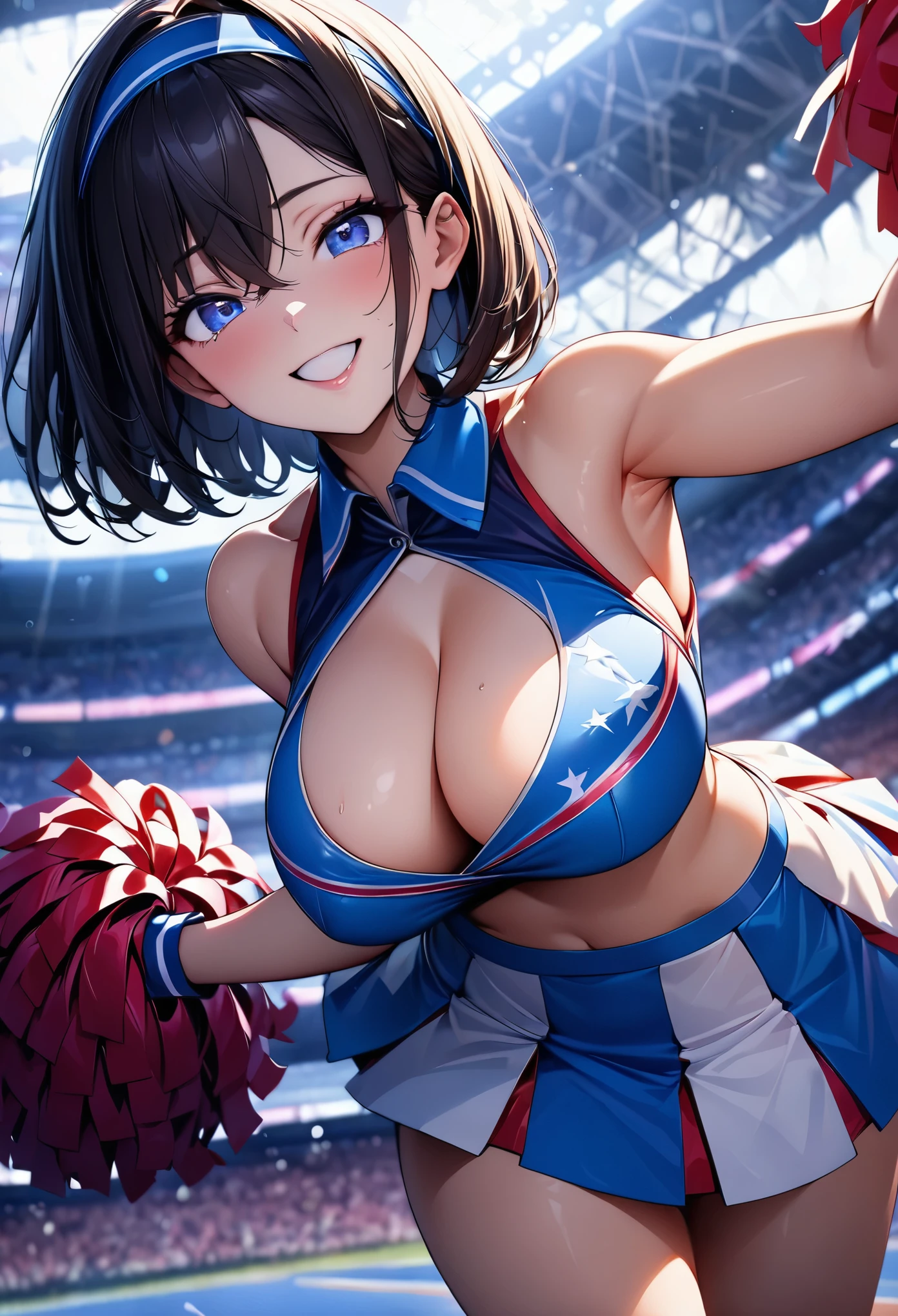 (masterpiece:1.3), (8K、best quality:1.4), (Highest image quality, intricate details, high resolution, depth field, Natural light, professional lighting), (1 girl), (solo), (asian girl, very beautiful 18 year old cartoon girl), (very beautiful woman、Beautiful woman full of charm, 美しい銀髪のbob cut, intense blue eyes, strong eye highlights, very big breasts, perfect anatomy, dynamic lighting, lip gloss), Beautiful face with perfect symmetry, beautiful detailed woman, very beautiful detailed face, very beautiful detailed eyes, Smile at the audience, laughing very happily, beautiful teeth, beautiful teeth alignment, Super detailed, very detailed, beautiful teeth, beautiful teeth alignment, Super detailed, very detailed, ((Detailed cheerleader:1.2)), light shines on your face, ((dynamic pose)), bob cut, crossed bangs, asymmetrical bangs, long neck, please show me your ears, Bansig's eyes, eyelash, cute, very big breasts、very beautiful and big, very beautiful breast shape, beautiful cleavage, tall supermodel, Supermodel with long legs, Supermodel dressed as a cheerleader, take a pose, Dressed as a cheerleader, close-up of woman, towards the camera, laughter, (cheerleader costume), ((head band, Sleeveless shirt with open chest, flare skirt, mini skirt)), Young slender gravure idol, young gravure idol, young gravure idol, Stadium background in the daytime