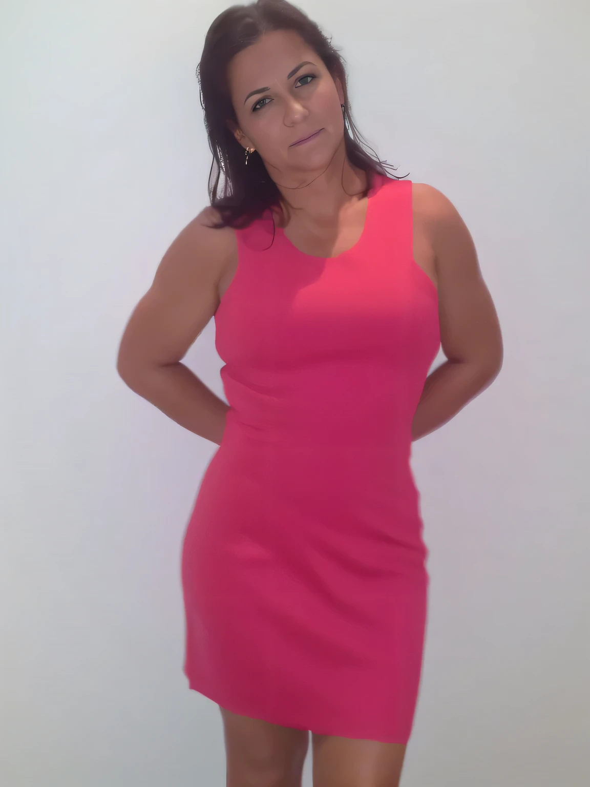 woman in a pink dress posing for a picture, wearing a pink dress, dressed in a pink dress, pink dress, she is about 40 years old, she is about 40 years old, about 40 years old, she is about 50 years old, full body picture, (38 years old), wearing a red dress. She is 155 cm tall and around 40 years old. A woman with tanned white skin and dark hair. She is about 40 years old. Slightly full lips, dark brown eyes. Perfect body, slim body, slim waist. tanned skin, soft lips, pink lipstick, a feeling of lightness and joy, hyperrealism, very elaborate skin. Fitness woman, physically fit woman, full body photo, clear photo, high quality, high resolution, masterpiece, 8K.