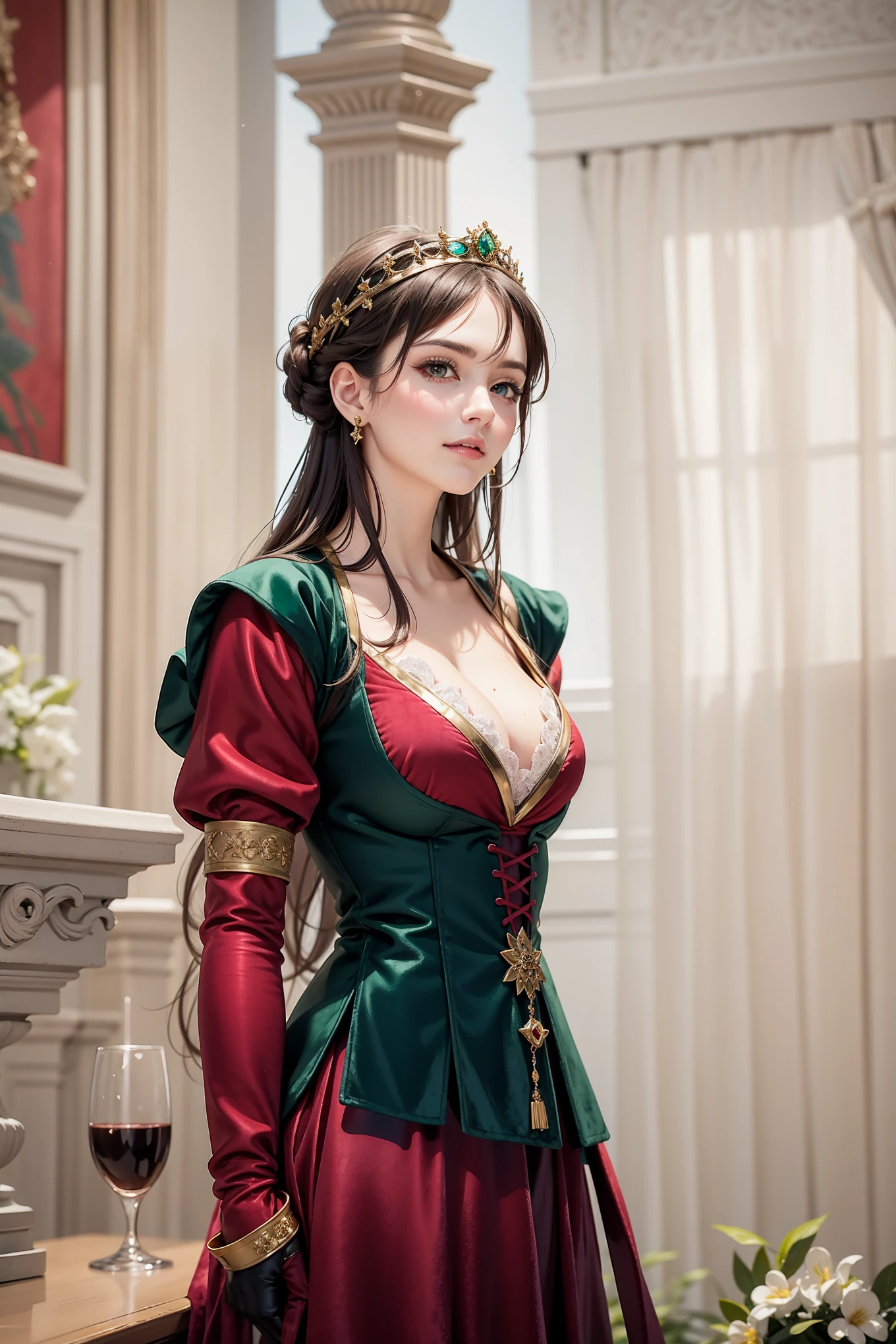 (((black))) beautiful ((thick)) hair (brunette:1.10), a beautiful hairstyle of an aristocrat, a beautiful girl of European appearance (European image), a sad look, a sad smile, a medieval princess in a long (green and burgundy) dress made of fabric (((velvet))), a colorful Renaissance dress ((rich fabric finish)), (gloves on her hands), medieval fantasy outfit, bright juicy colors
