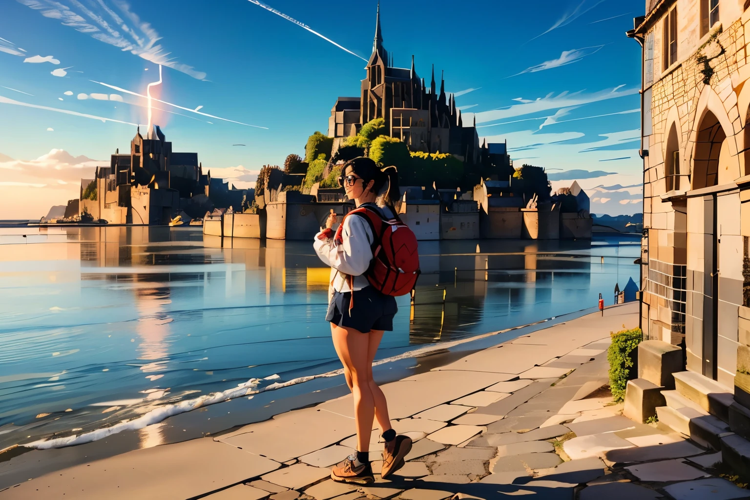 ((wide angle shot, full body image)) beautiful female tourist, black hair, ponytail, bangs, wearing large glasses, smirk, ((wearing a Backpacker style outfit)), morning light, Mont Saint-Michel, Normandy