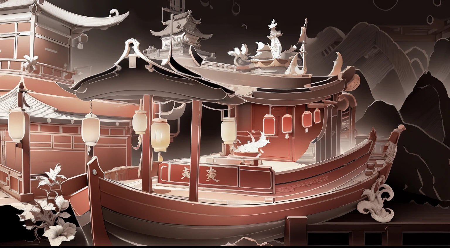 Coloring page of Chinese themed ship, 2 d game line art behavior hd, 2d game line art behavior hd, stylized lines, clean lines, Line work concept art, detailed line art, line art behavior hd, Inspired by Tawaraya Sotatsu, Animation city line drawing, line art, Very detailed lines