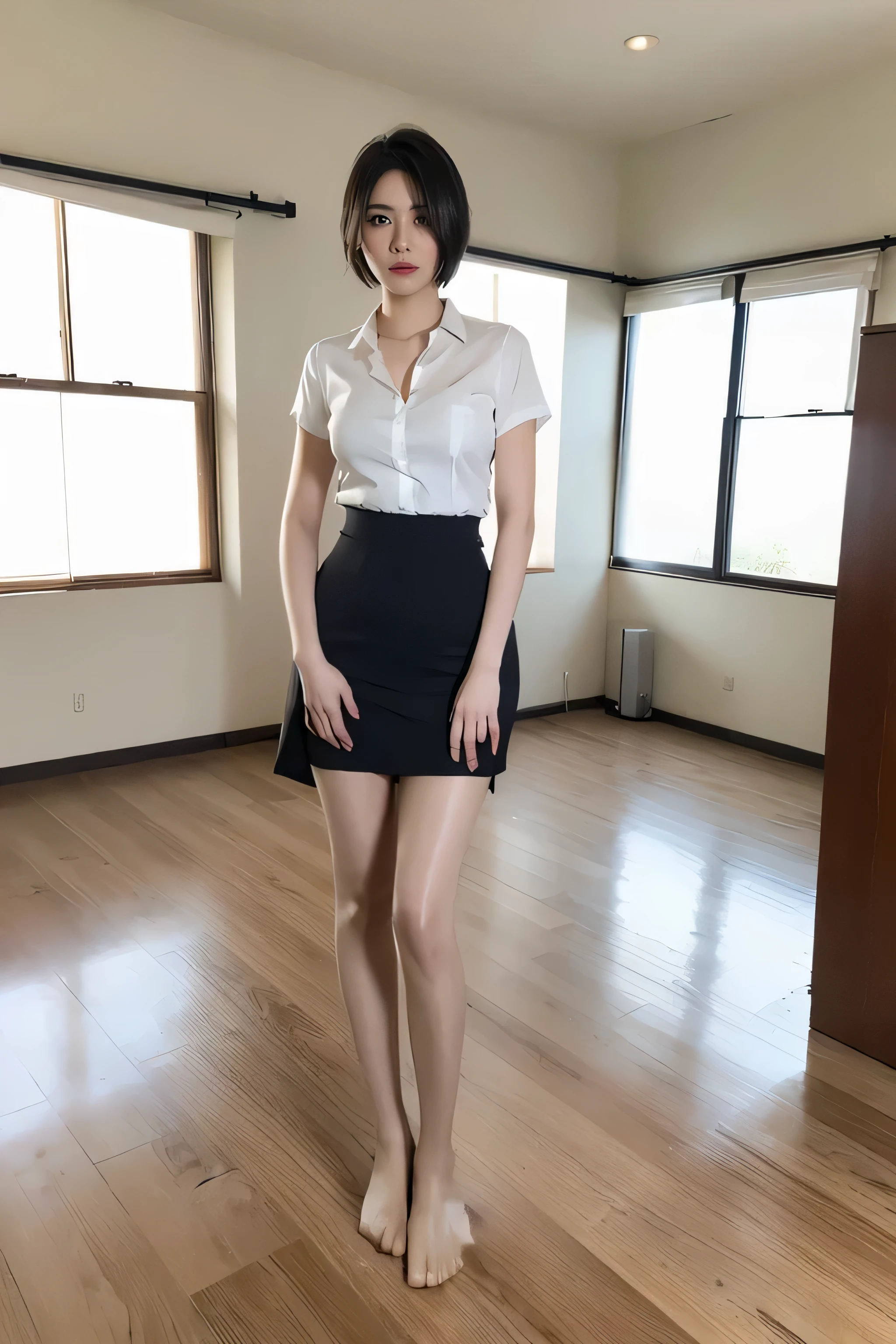 ((Realistic Light, Best Quality, 8K, Masterpiece: 1.3)), 1girl, female teacher, Slim Beauty: 1.4, (Brown hair, short hair length to shoulder, glasses, large breasts: 1.3), wearing long sleeve white shirt(( appropriate shirt)), black pencil skirt((length skirt to the knee)), standing alone at empty school hallway, front view, medium shot, with little wonder expression, peeing self, wetting her clothes, can't hold her pee face, wetting herself desperate, pee desperation pose, her body can't hold her pee and wets herself ultra desperate in the middle of the cicty in absolute desperaton wetting herself, pee runing down her legs, standing up, hyper pee desperate face, big pee pudle