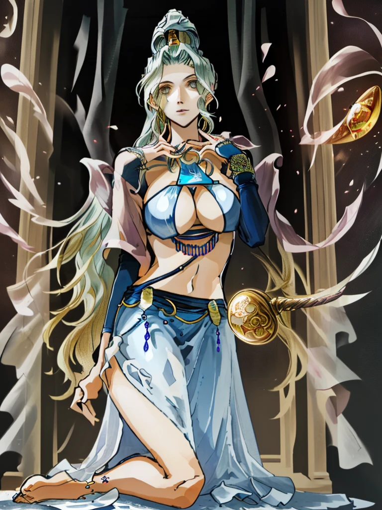 (high-quality), (expressive eyes, perfect face) (masterpiece, anime), highly detailed, intricated, purple eyes, focused eyes, 1 adult woman, solo, jewel accessories, silver pendant, silver bracelets, white dress, white hair, long hair, a ponytail, pale skin, perfect anatomy, dynamic, blue moon, dynamic pose, colourful, magic shop, colourful round arabic lamps, magic, magical, crystals shop, minerals shop, glass shop, gemstones, jewels, transparent shawl, expensive curtains, expensive fabrics, bikini dress, sexy, big round breasts, cleavage, full body, ethereal, exotic shop, sitting, seated,