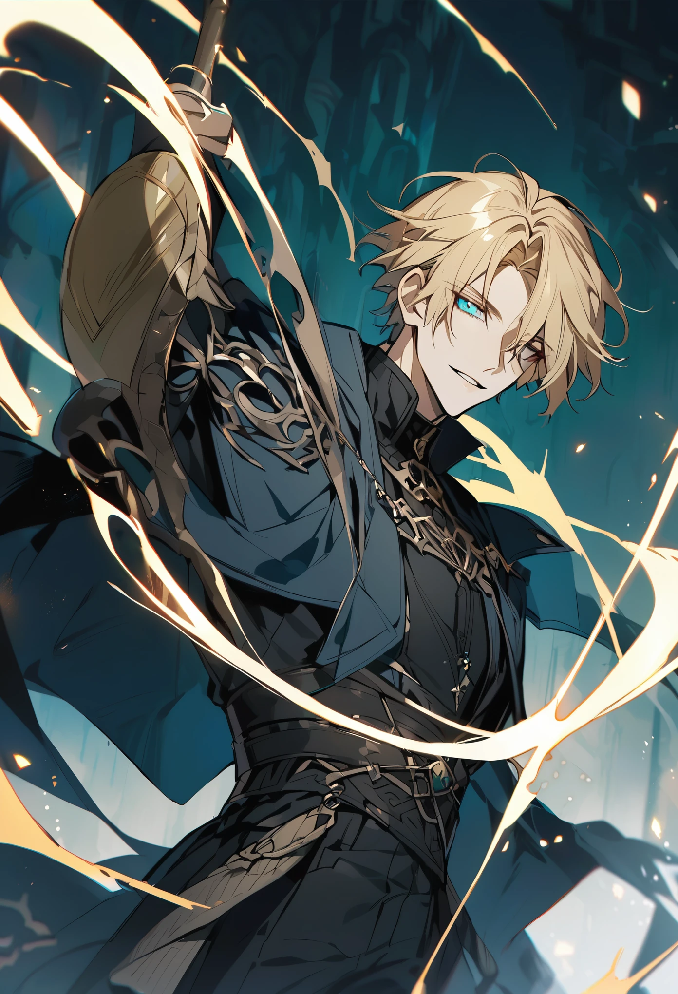 Handsome, solo, 1 male, short hair, turquoise eyes, blond hair, dark blue clothes, necromancer