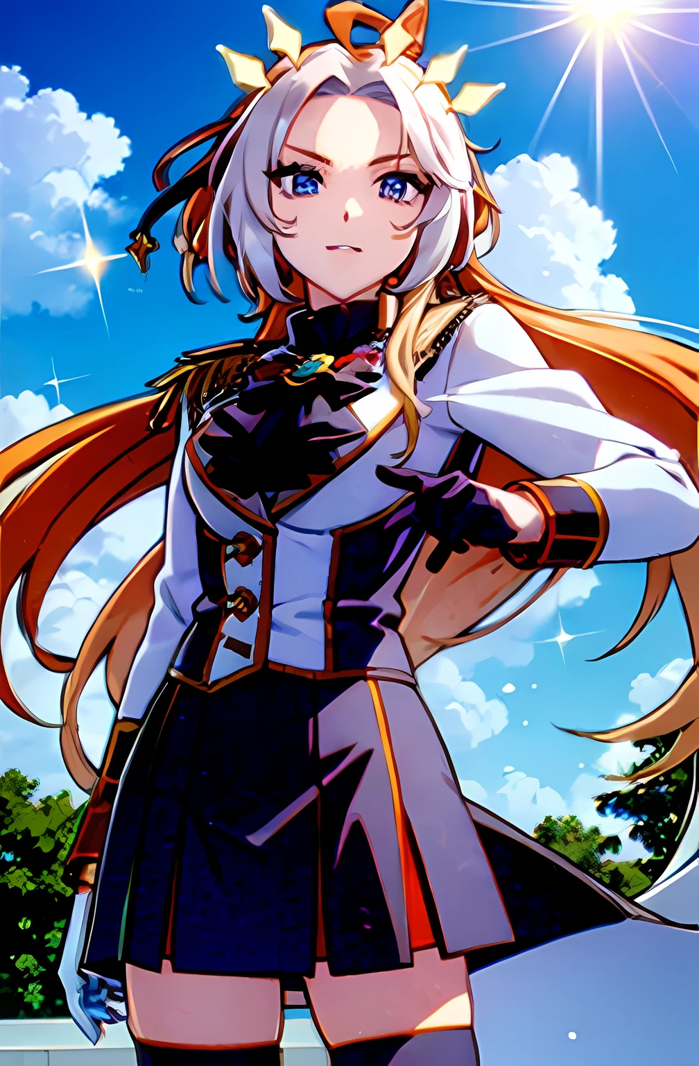 (highest quality:1.3),(ultra-be familiar with:1.5),High resolution,extremely be familiar with CG,unity 8k wallpaper,official art,be familiar with,super be familiar with skin,perfect anatomy,beautiful be familiar with eyes,(anime screenshot:1.11),very delicate and beautiful,90s anime,90s anime style,cel shaded anime,1 girl,alone, anmnr,
orfevre \(umamusume\),crown, jewelry, bowtie, Jacket, epaulettes, long sleeve, black gloves, white gloves, red bow, black skirt, Thighhighs, skirt, bow,
(shining eyes),blends well with the eye,blends well with the eye,focus of the eye,(Carefully crafted brilliance, sky blue lens flare:1.7),(expression of joy:1.51),octane rendering,rainbow paint drop,Woman made of paint,Full Paint,(movie background),splat,splash,dark and blurry background,close,(best writing, very delicate and beautiful),Detailed beautiful shine,(soft light:1.2),(soft money tone lighting),Warm and soft lighting,dramatic light,((cinematic light)),ambient occlusion,ambient light,violently,powerful,Absolutely eye-catching splashes of color,((caustic)),raytraced reflections,light shines,waiting for happiness to begin,