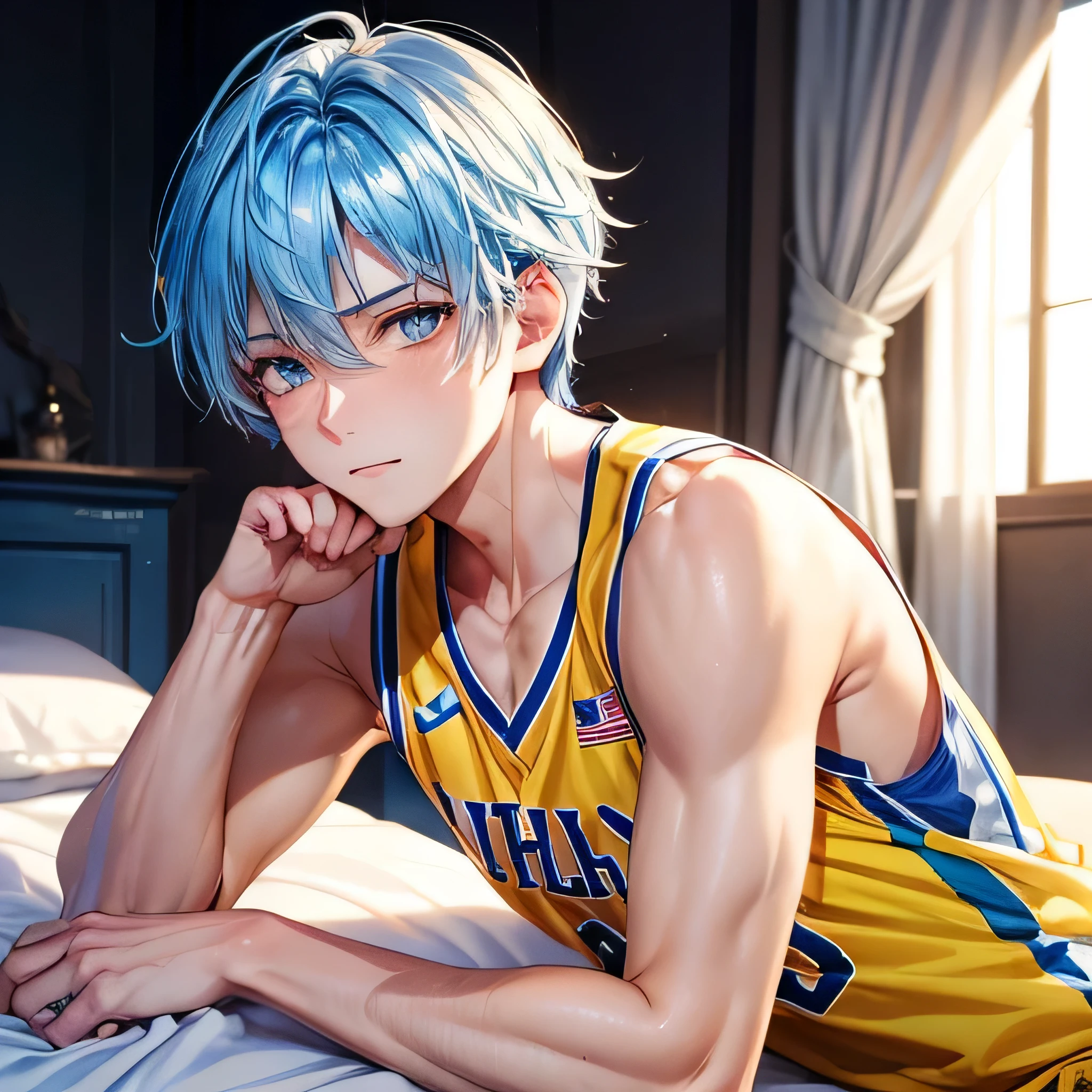 A handsome young no jaw line light blue colored hair male boy wearing basketball jersey most shiny color red white skin very shiny jersey lying on the bed wearing yellow shiny jersey with an expression of being forced to jerk off full body looks nervous