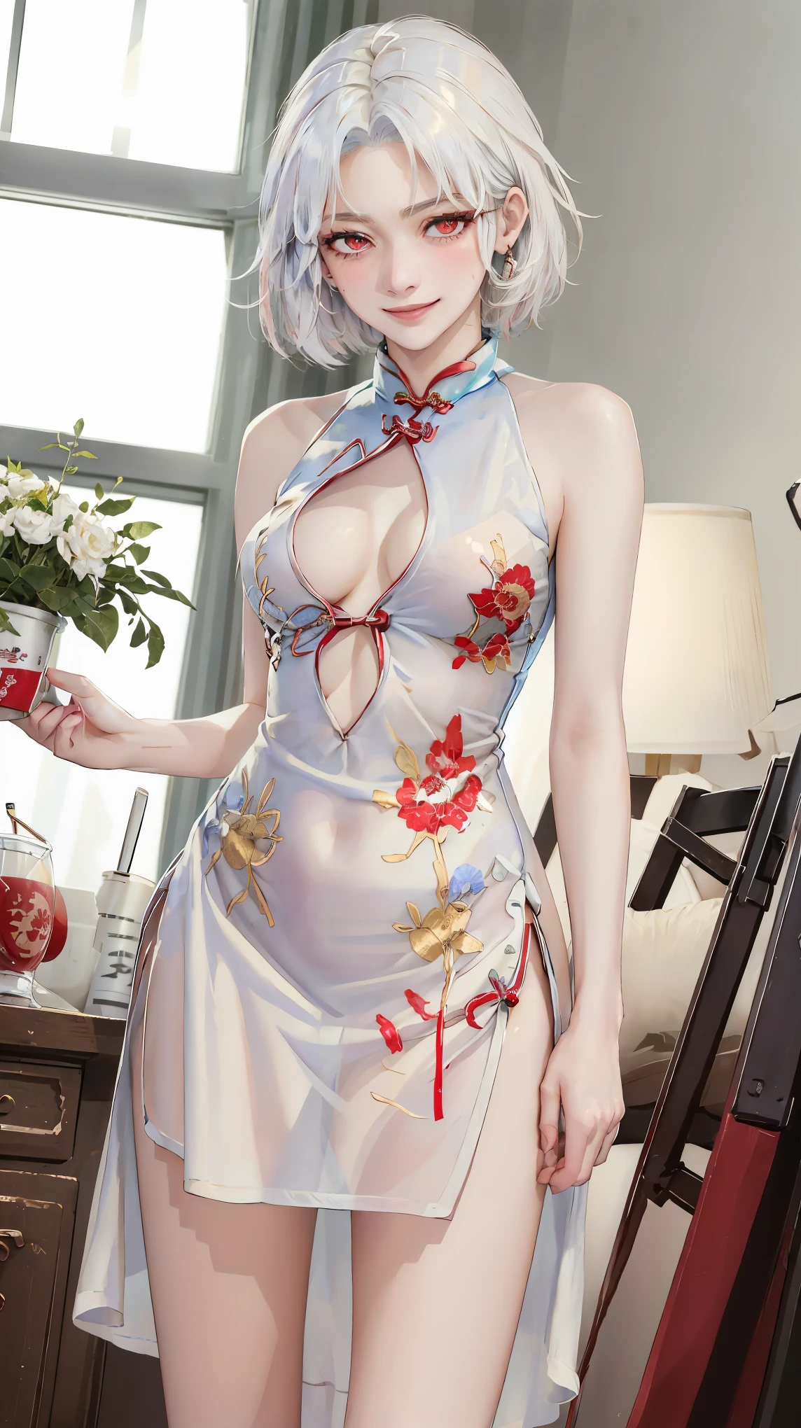 ((((masterpiece, best quality, high resolution)))), Extremely detailed 8K, Beautiful girl with voluptuous body, (Ultra HD, Ultra-detailed, Highly detailed, Highly realistic, Ultra-realistic, photograph realistic), (1girl:1.5), (Realistic white hair), short silky hair, bob cut, (dynamic poses), facing at camera, looking at viewer, (blushing red, embarrassed, smile), (red eyes, sharp eyes), (perky breasts:1.2), (beautiful detailed face, beautiful detailed eyes), ((cheongsam dress)), (standing up), sweat, glow, (sunbeam, sunlight), ((cowboy shot)), bedroom