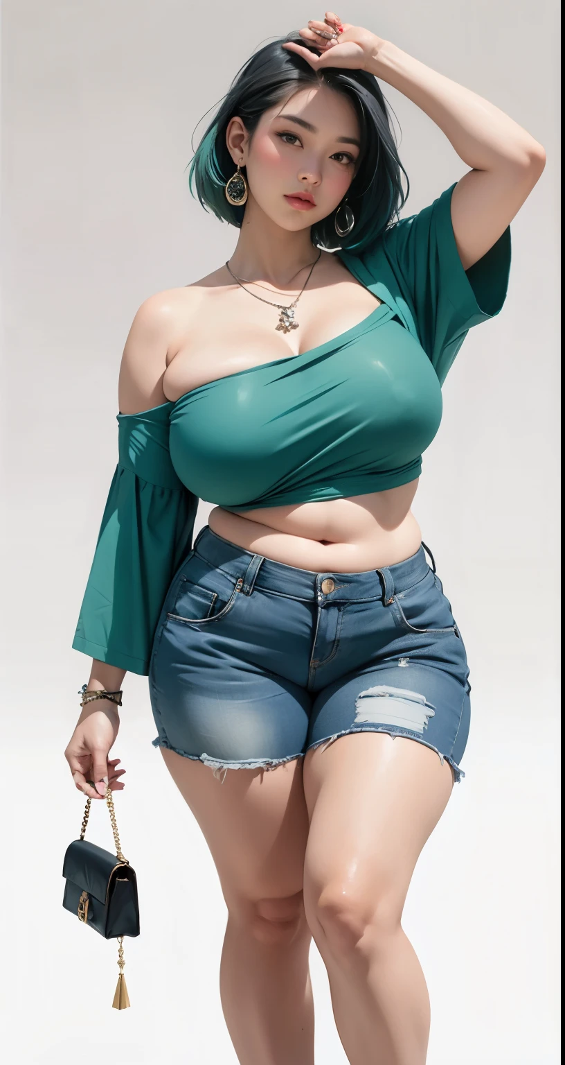 photorealistic, high resolution, soft light,1women, solo, wide hips, (detailed face),tattoo, jewelry, , , blue and green hair Color , (closeup), wide angle,, (busty), armpit , Slightly fat belly, large breasts, full body angle, 80 years old woman , thick thighs , thick arms , standing in dark rooms, short pants, wearing a three bracelet, wearing two diamond necklace , wearing a watch, wearing airmax shoes , japanese goddess, wavyshort hairstyle, fat belly, thick fat belly, thick wide hips, thick arm, bbwchan, massive arm, full body,