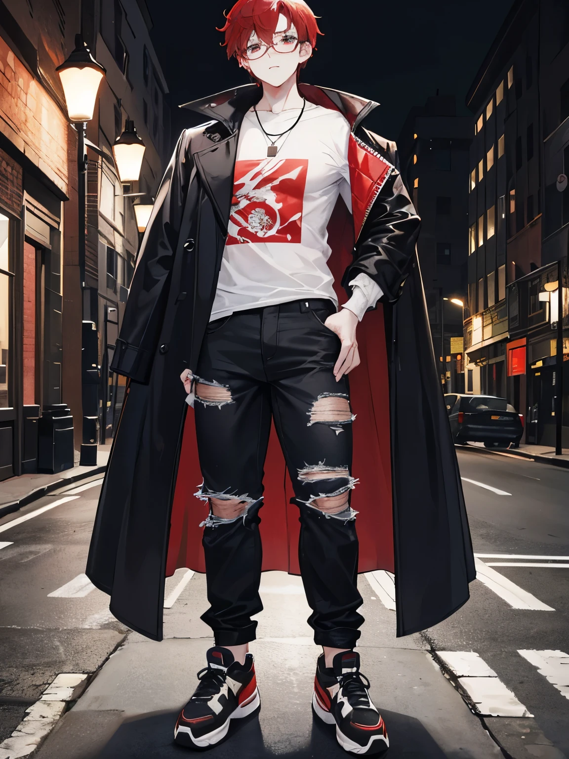 Handsome young man, white skin, reddish curly hair to the shoulder, big deep jaded eyes, wearing big black rim eyeglasses, wearing oversize black coat with big print at front, wearing ripped jeans pant, sneaker shoes, standing under the street lamp in the middle of the dark night.