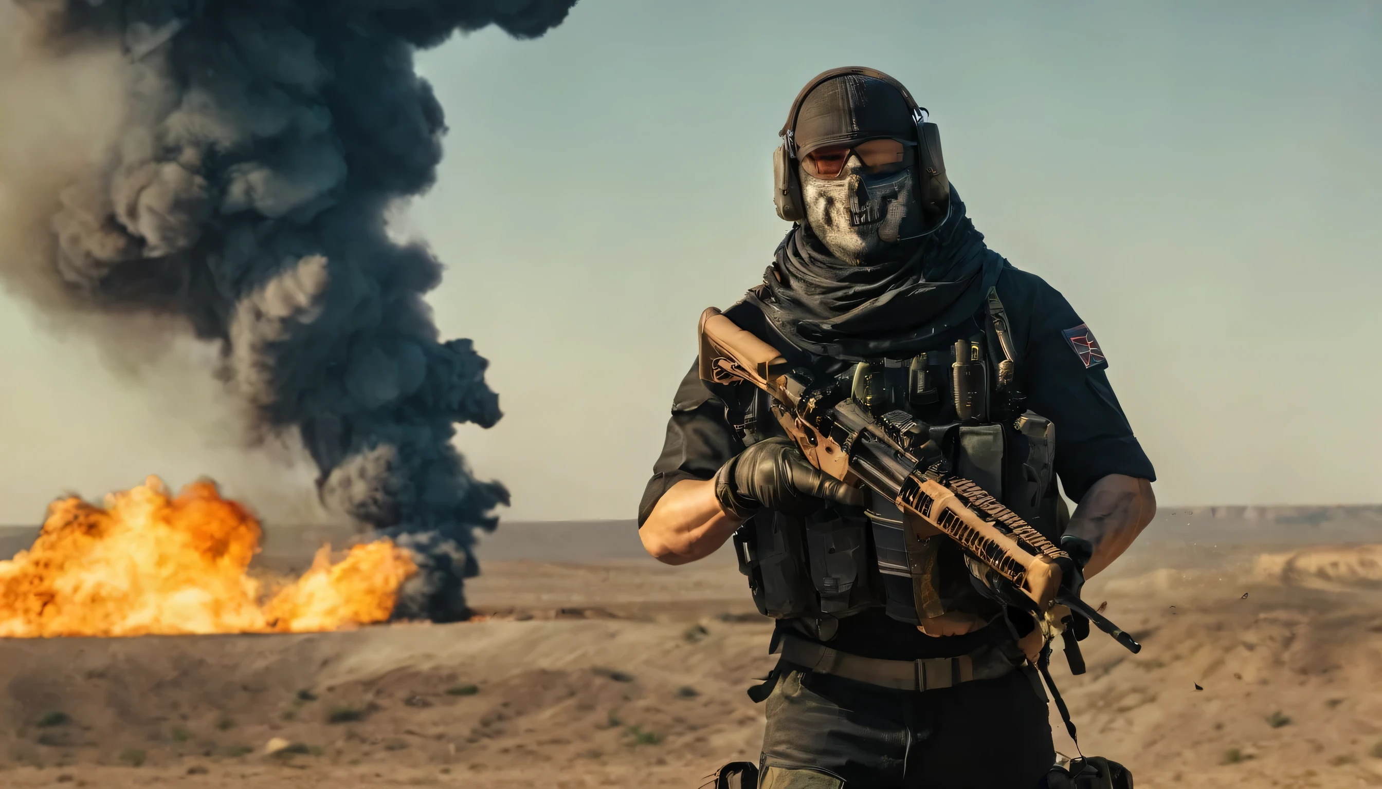 (((cinematic film still of Simon Ghost Riley a man in a black outfit holding a rifle modern warfare style))),  ((Upper body selfie)), selfie with his cell phone, (((((distant nuclear explosion))))), (((World War))), (explosion,fire:1.2), (smoke:1.4), (((((desert))))), (RTX) cinematic film shot in 70mm, depth of field, vivid colors, (best quality,ultra-detalhado,Realistic:1.37), (8k, ARTISTIC photography, best quality, masterpiece: 1.2), (realistic, photorealistic:1.37), over-detailed, (high-detail skin: 1.2), 8k UHD, SLR camera, soft lighting, high quality, film grain, cinematic lighting, photonic display, brightness, physically rendered photo, (dynamic pose ), extremely high-quality graphics, over-detailed face, (((cinematic lighting))), ((clear details)),