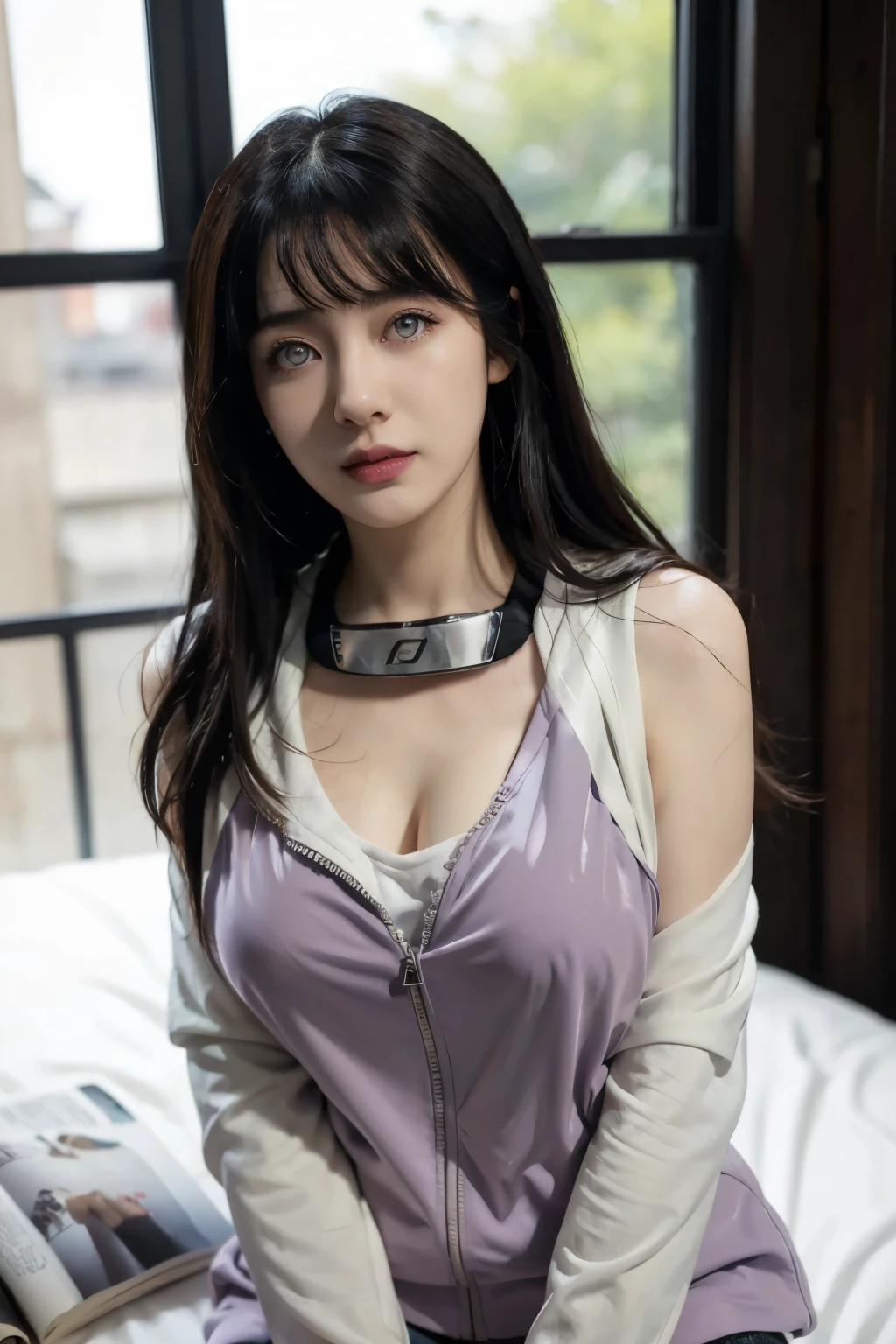 Masterpiece, highres, high Quality, detailed face, detailed body render, 1girl, solo, hyuuga hinata, hinata-sleeveless-outfit, large breasts, big breast, sleeveless shirt, fishnet top, dark lips, unzipped jacket, no bra, breasts out, nipple, standing, blushes, (on bedroom), H1N4T4,