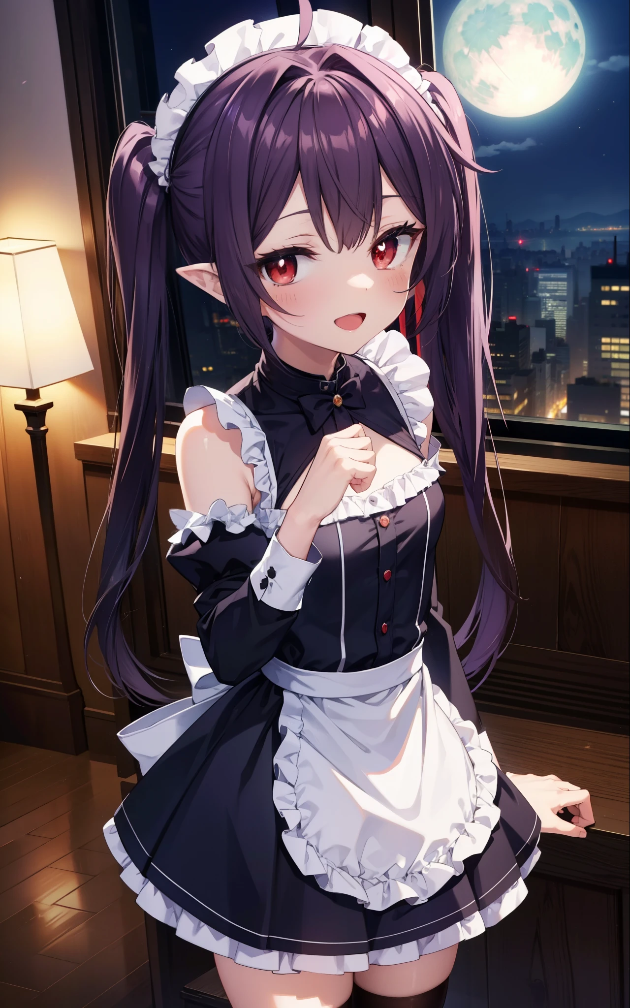 yuukikonno, Yuki Konno, hair band, long hair, pointy ears, purple hair, (red eyes:1.5), (small breasts:1.2),Ahoge,face tilted to one side, twin tails,Open your mouth and smile happy, smile, open your mouth,blush,she was wearing a maid skirt, black stockings on her legs, I'm back with both arms behind one.,lean forward,peek from above,bare shoulders,Cute standing figure,night,moonlight,
break looking at viewer, Upper body, whole body,
break indoors, Bedroom,
break (masterpiece:1.2), highest quality, High resolution, unity 8k wallpaper, (shape:0.8), (fine and beautiful eyes:1.6), highly detailed face, perfect lighting, Very detailed CG, (perfect hands, perfect anatomy),