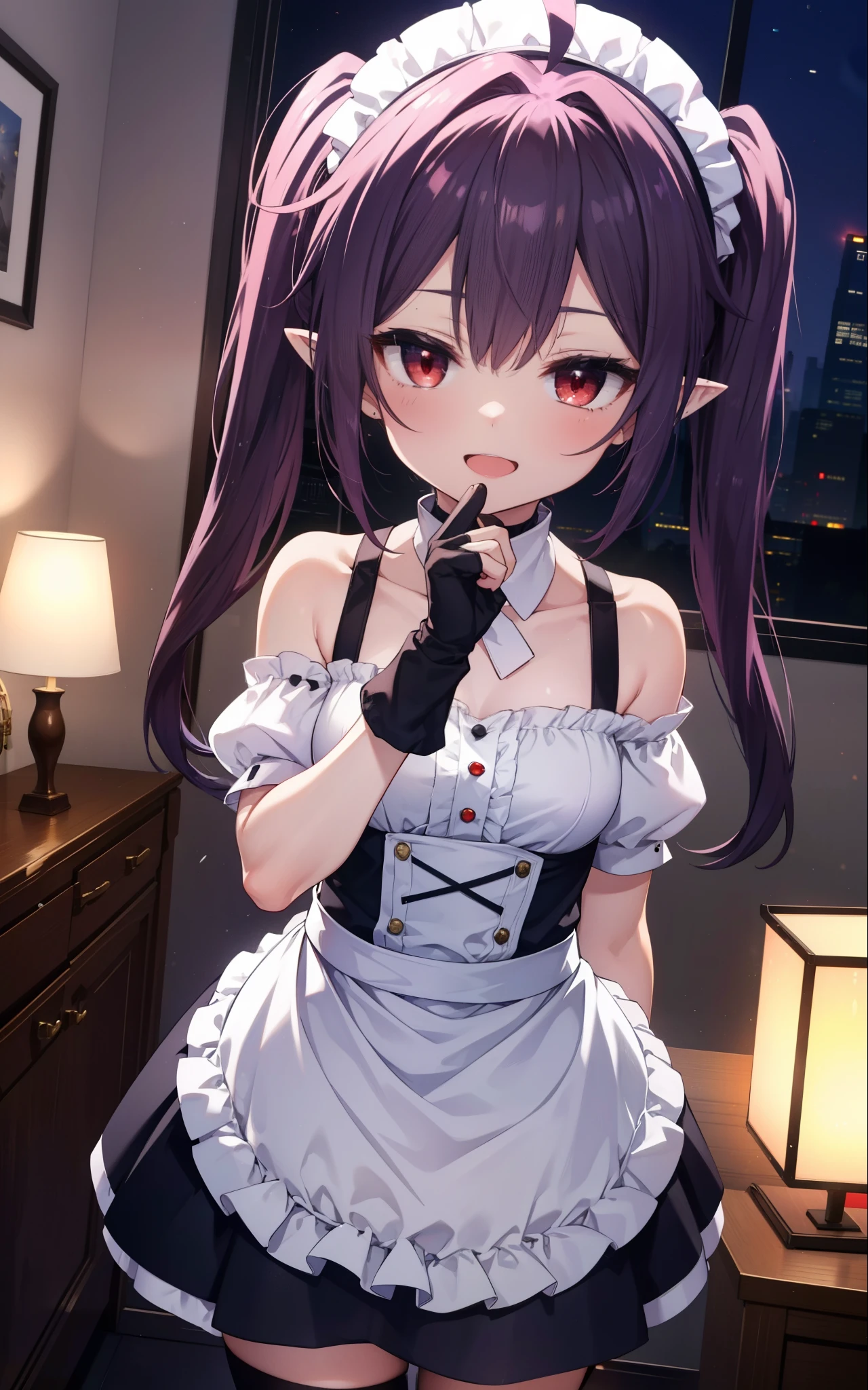 yuukikonno, Yuki Konno, hair band, long hair, pointy ears, purple hair, (red eyes:1.5), (small breasts:1.2),Ahoge,face tilted to one side, twin tails,Open your mouth and smile happy, smile, open your mouth,blush,she was wearing a maid skirt, black stockings on her legs, I'm back with both arms behind one.,lean forward,peek from above,bare shoulders,Cute standing figure,night,moonlight,
break looking at viewer, Upper body, whole body,
break indoors, Bedroom,
break (masterpiece:1.2), highest quality, High resolution, unity 8k wallpaper, (shape:0.8), (fine and beautiful eyes:1.6), highly detailed face, perfect lighting, Very detailed CG, (perfect hands, perfect anatomy),