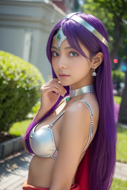 masterpiece、1 beautiful girl、fine eyes、puffy eyes、highest quality, 超High resolution, (reality: 1.4), movie lighting、Japanese、asian beauty、Korean、super beautiful、beautiful skin、body turns forward、close up of face、(超reality的な)、(High resolution)、(8K)、(very detailed)、(美しくfine eyes)、(Super detailed)、 (wall-)、detailed face、bright lighting、professional lighting、looking at the viewer、look straight ahead、slanted bangs、purple hair、Nogizaka Idol、korean idol、masterpiece, highest quality, DQ mania, circlet, choker, bracelet, bangle, bikini, loincloth,, dynamic pose, :d, I frowned.,cowboy shot, village, rock formation, Mountain, wood