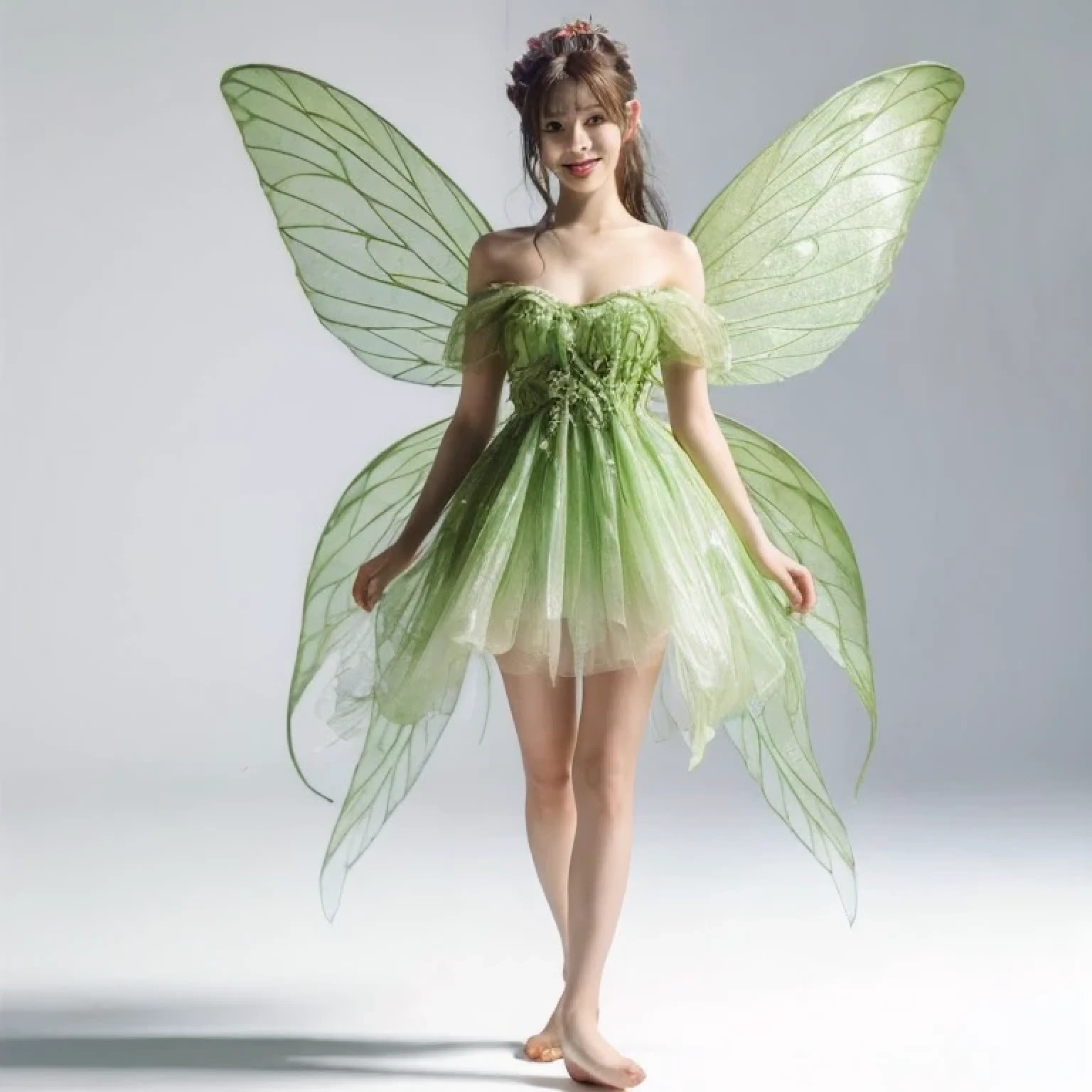 araffe fairy in a green dress with wings and flowers, beautiful adult fairy, beautiful fairy, beautiful fairies, fairy wings, fae teenage girl, beautiful fairie, beautiful adult book fairy, beautiful adult fairy queen, brunette elf with fairy wings, fairy magnificent, fairies have wings, forest fairy, fairy dancing, faerie, hyper realistic