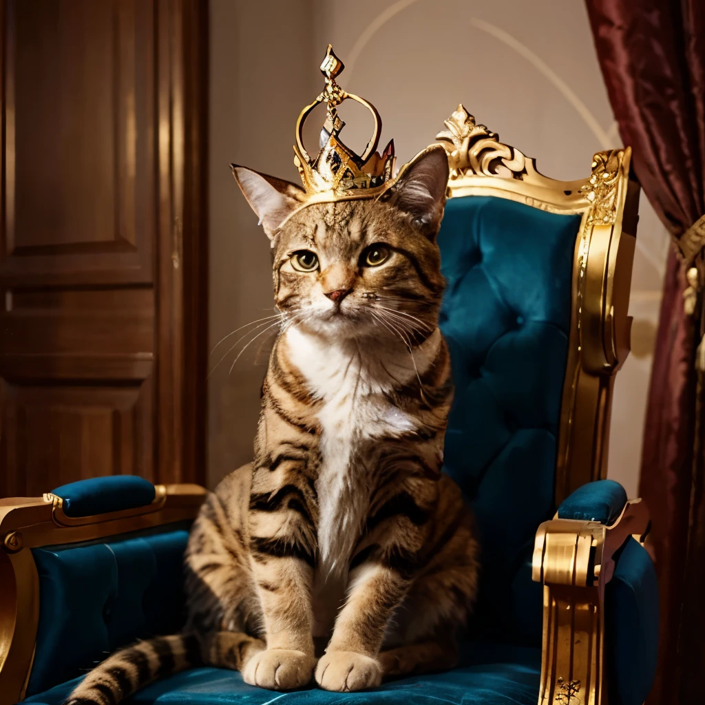 A cat on a throne like a princess with a gold crown on her head, Realistic, UHD, 8K