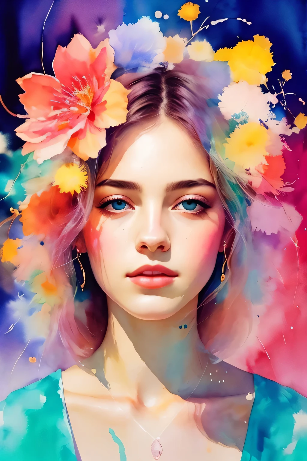 an abstract watercolor painting of a woman blend with a flower by agnes cecile, luminous design, pastel colours, ink drips, summer lights, double exposure, artistic, aesthetic, unique