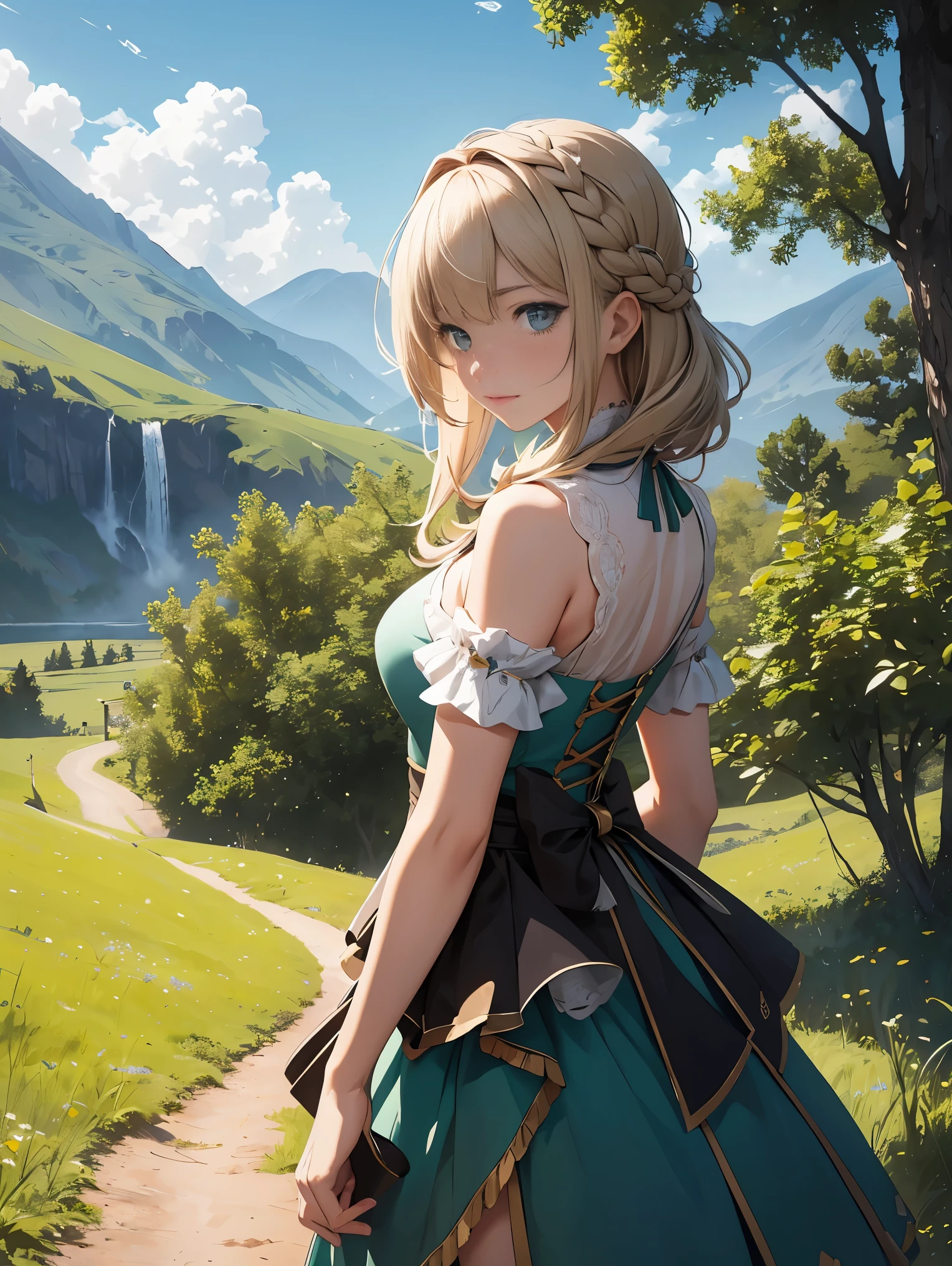 In a green meadow is a girl who leads a group of knights.
BREAK
With a brave expression, guides them to their destination.
BREAK
Behind her, A green forest extends and beyond that, Mountains rise in the distance.
BREAK
The most suitable effect for this scene would be a watercolor painting technique to capture the softness of the meadow and the fluidity of movement.. ,((detailed)), ((high quality)),((well structured)),((anatomically correct)),((good composition)), ((good perspective)),((masterpiece)), ( ( detailed outline)),((extremely detailed)),((digital art)), digital illustration, ((well-proportioned bodies)), high resolution, high definition, full definition, full resolution, detailed face, 4k,HD, Sharp,perfect,depth,with depth,sharp focus,Depth of field