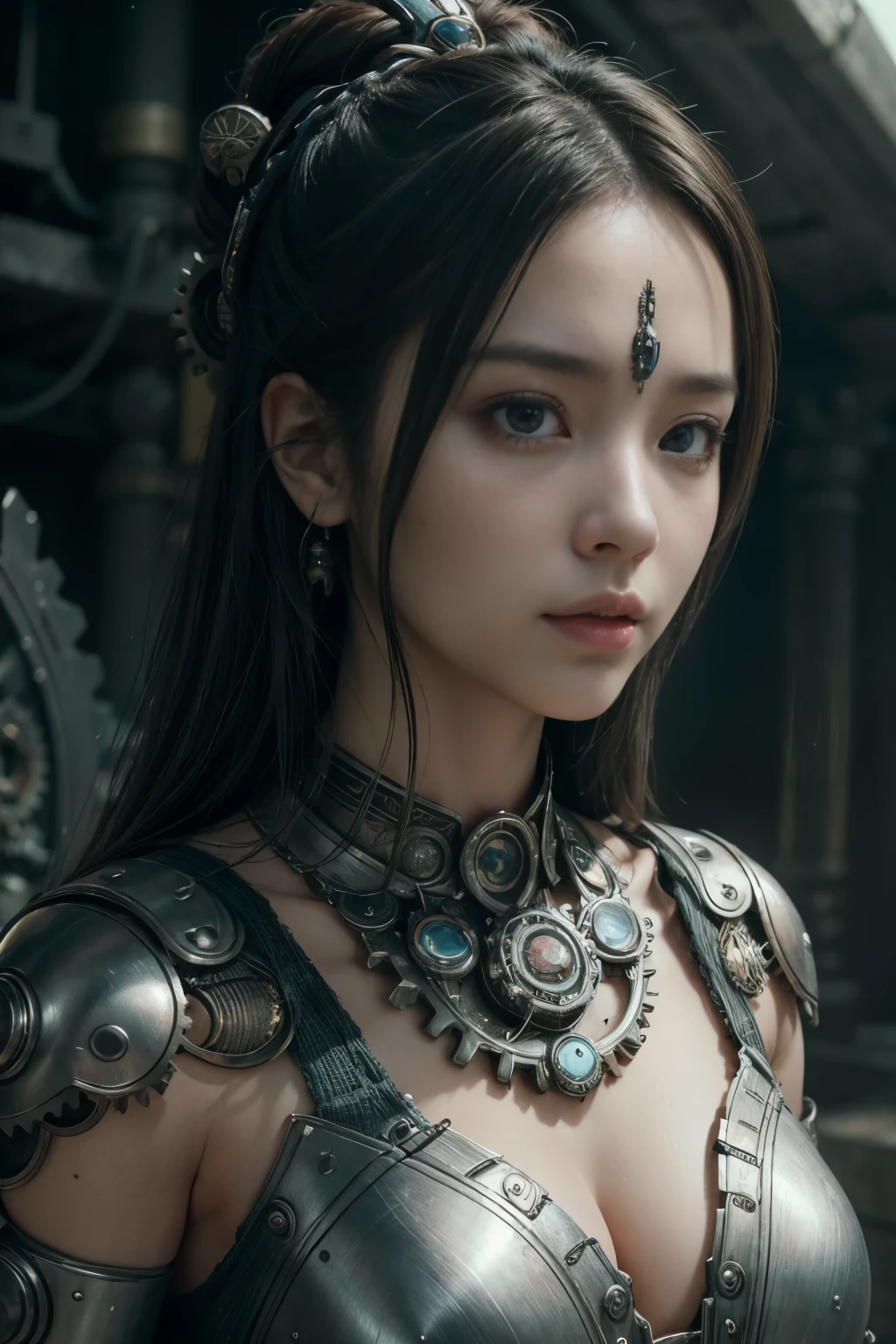 (high quality), (masterpiece), (detailed), 8K, Hyper-realistic portrayal of a futuristic (1girl1.2), Japanese character amid ancient totemic elements and gears. Meticulous details capture the seamless blend of tradition and innovation in this visually stunning composition. Trending on Artstation.