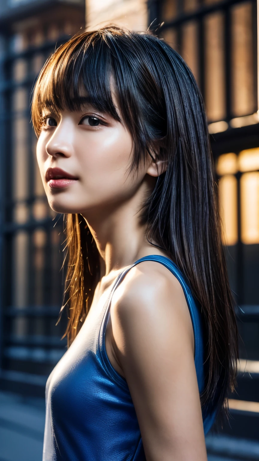 (masterpiece:1.2), super detailed, ultra high resolution, (realistic, photo realistic:1.37), High-definition RAW color photos, professional photos, dramatic lighting, sharp focus:1.2, (Highly detailed face and skin texture, very fine eyes, shiny skin, glowing skin, glowing skin, shining face, luster, oily skin, oily face, oily skin, oily face, Strong gloss), perfect anatomy, highly detailed background, 1 female, 30 year old woman, Japanese woman, (medium hair, straight hair, bangs:1.3, brown hair), (scrawny:weight1.0), (flat chest:1.3), NSFW, sunlight, cowboy shot, (from the front), wearing a futuristic Captain America jersey, latex、blue color scheme, (Has a shield), Chest capital letter A, nipple、bright smile、Highly detailed abandoned warehouse background, detailed face, Detailed complex and busy background, lomography, futuristic dystopian megacity, seen from below, translucent