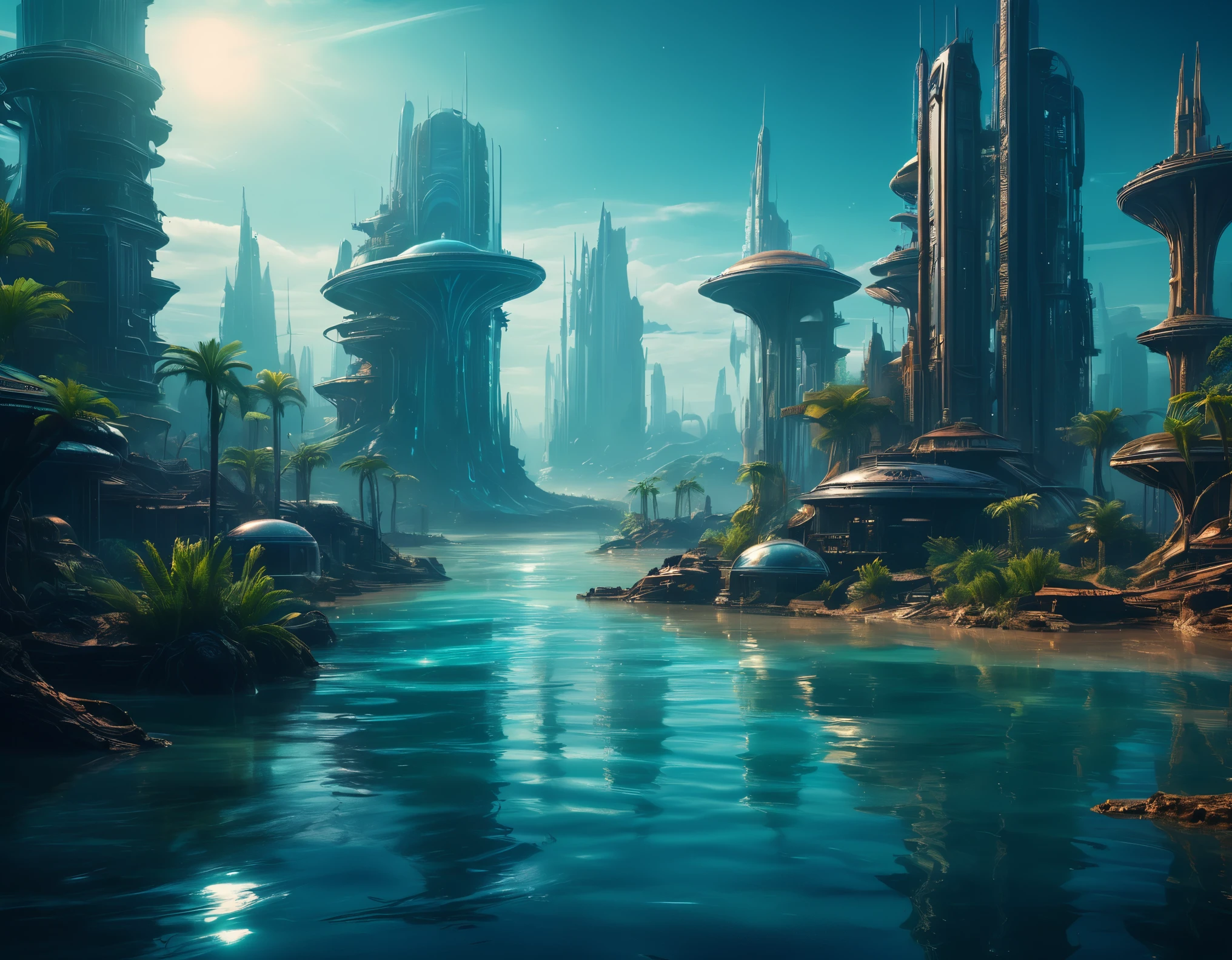 (realistic digital painting), alien world inspired by "Waterworld", it can be a scene of the planet completely flooded with water, cities on water, no trees or greenery, no sand or soil visible,, cinematic technique, fujifilm xt3, film grain, perfect light and shadows, uhd, 