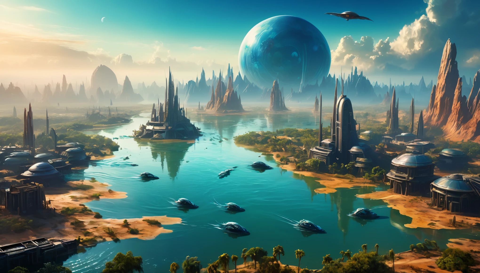 (realistic digital painting), alien world inspired by "Waterworld", it can be a scene of the planet completely flooded with water, cities on water, no trees or greenery, no sand or soil visible,,  film grain, perfect light and shadows, uhd, bird's-eye view