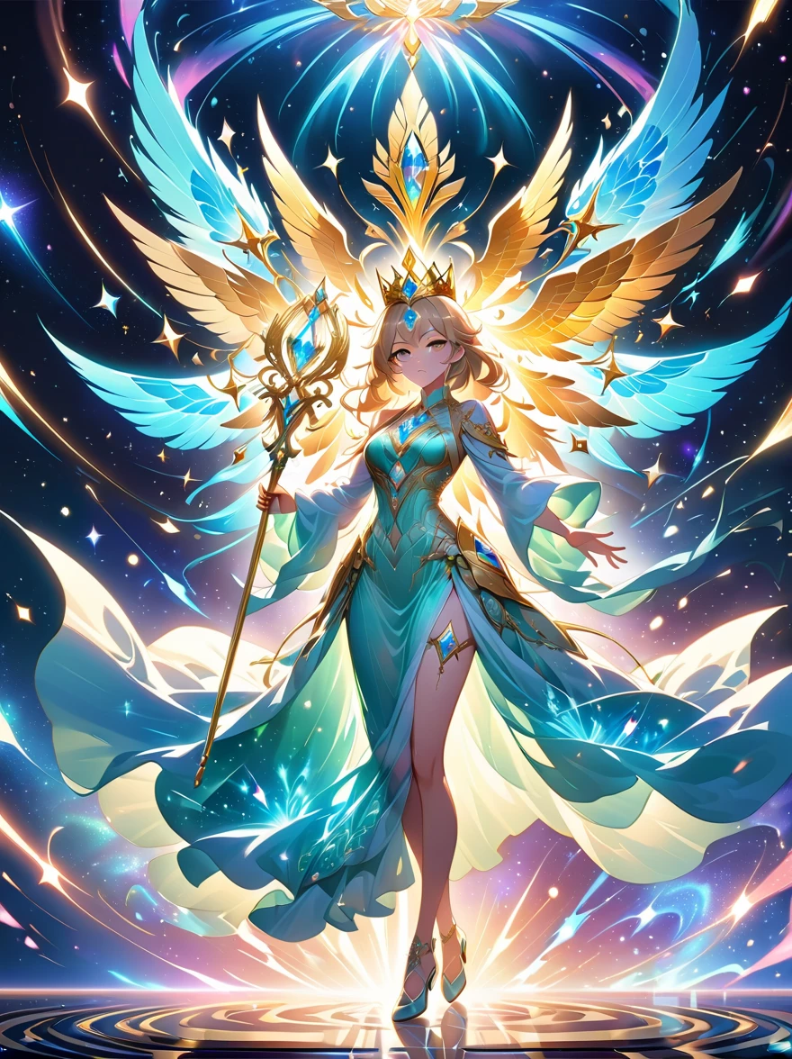 (masterpiece, best quality, Super detailed 8K Cg Unity wallpaper), Luminous goddess full body photo, (The body exudes brilliant light:1.5), ethereal existence, (Silk dress with ultra-detailed metallic pattern, full body view), Sparkling crystal jewelry, (sharp eyeliner, delicate eyes:1.1, platinum blonde), (crown:1.3, stunning luxury), Universe Background , (Powerful sunlight illuminates her position), (Magical lighting effects), Holding the scepter of light gracefully, (Divine light reigns:1.3), Stunning visual effects, dramatic lighting, cinematic