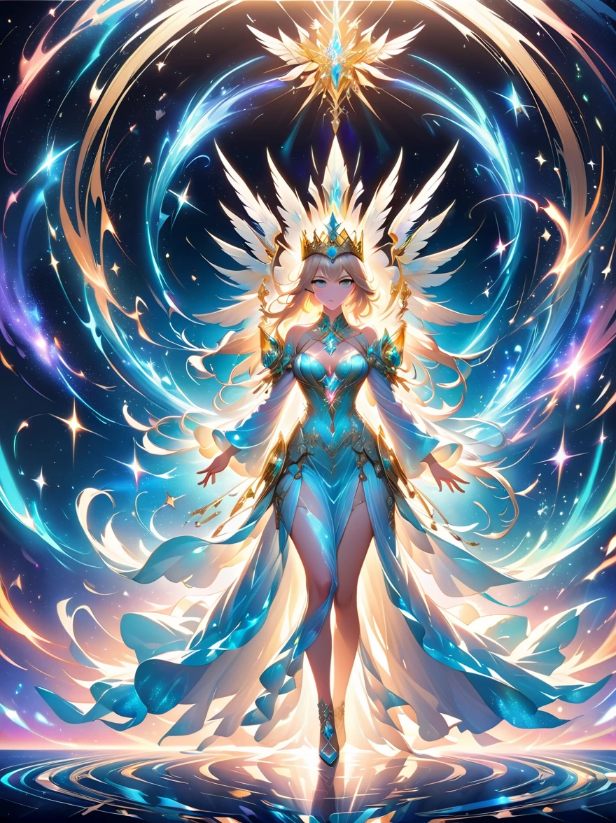 (masterpiece, best quality, Super detailed 8K Cg Unity wallpaper), Luminous goddess full body photo, (The body exudes brilliant light:1.5), ethereal existence, (Silk dress with ultra-detailed metallic pattern, full body view), Sparkling crystal jewelry, (sharp eyeliner, delicate eyes:1.1, platinum blonde), (crown:1.3, stunning luxury), Universe Background , (Powerful sunlight illuminates her position), (Magical lighting effects), Holding the scepter of light gracefully, (Divine light reigns:1.3), Stunning visual effects, dramatic lighting, cinematic