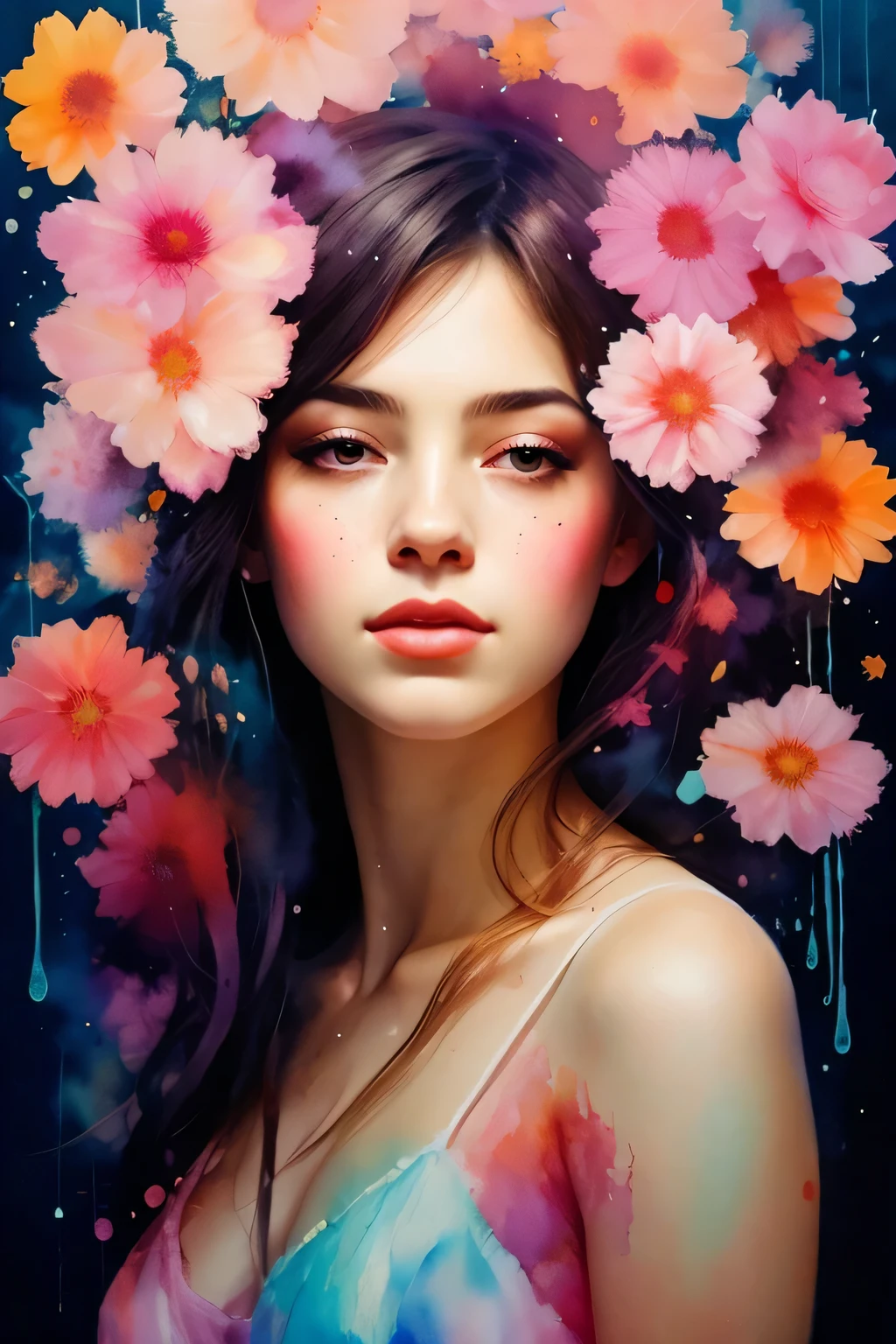 an abstract watercolor painting of a woman blend with a flower by agnes cecile, luminous design, pastel colours, ink drips, summer lights, double exposure, artistic, aesthetic, unique